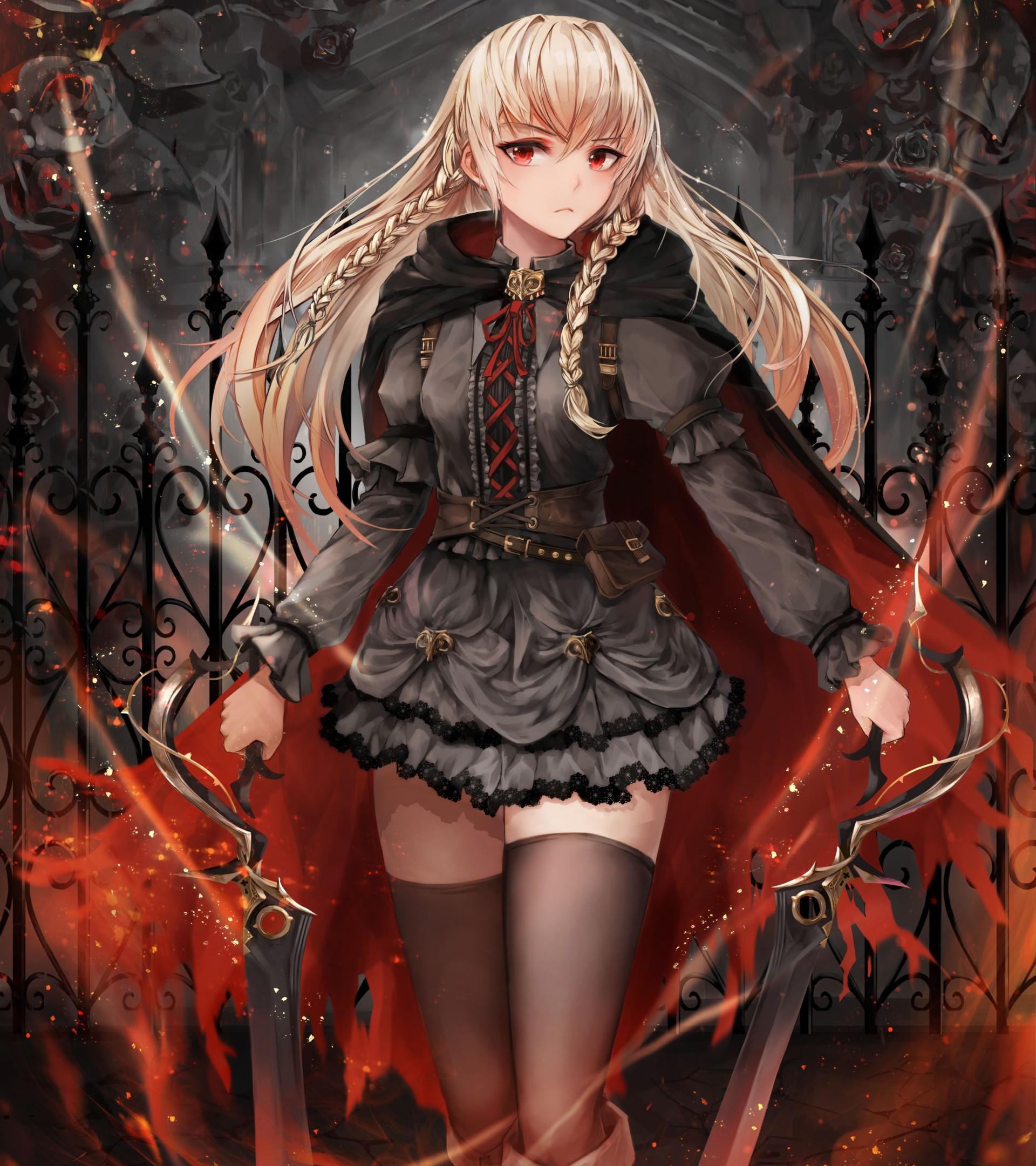 1920x2160 Download 1920x2160 Anime Girl, Blonde, Dual Wield, Cape, Braid, Long Hair Wallpaper