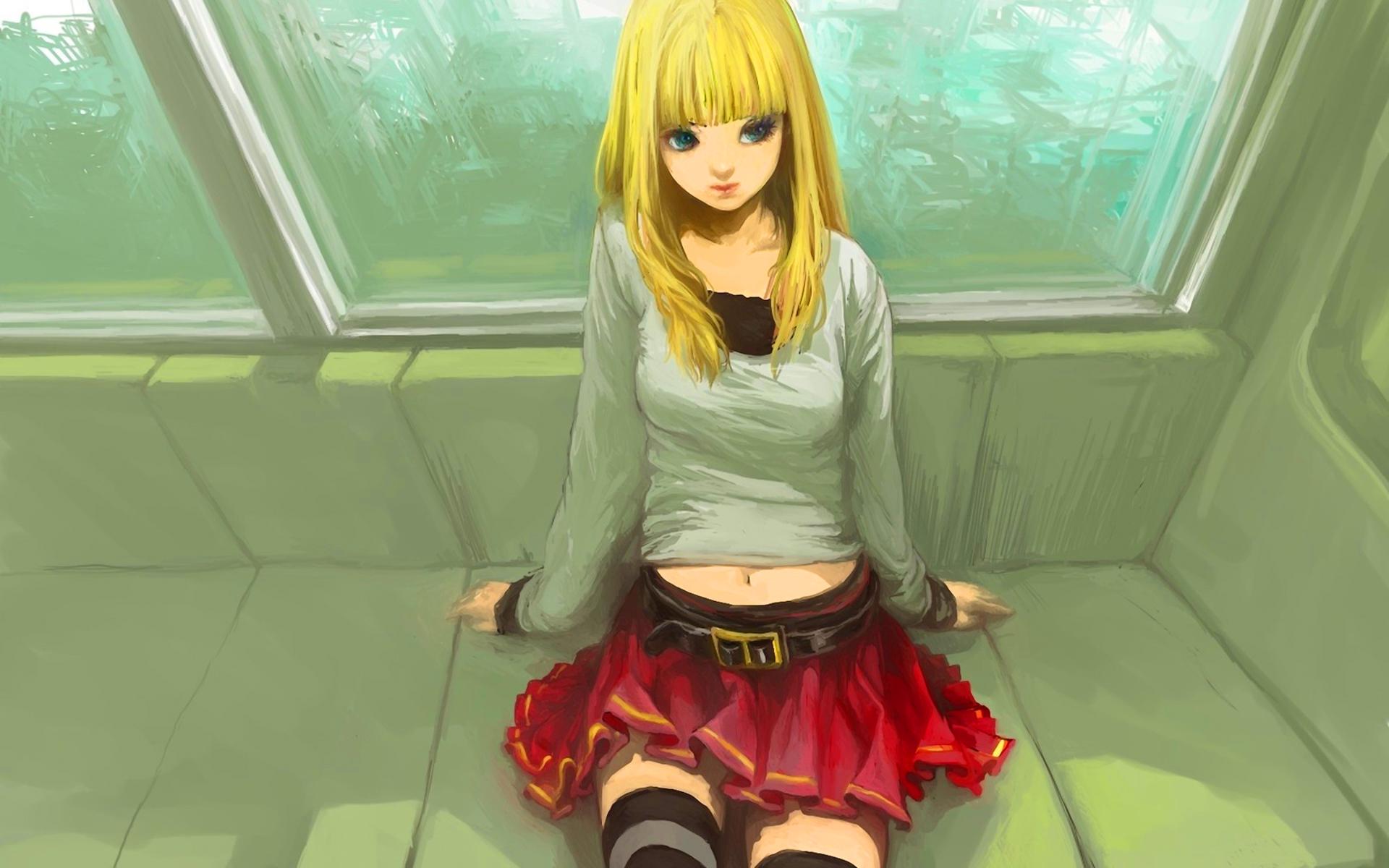 1920x1200 Blonde anime girl sitting