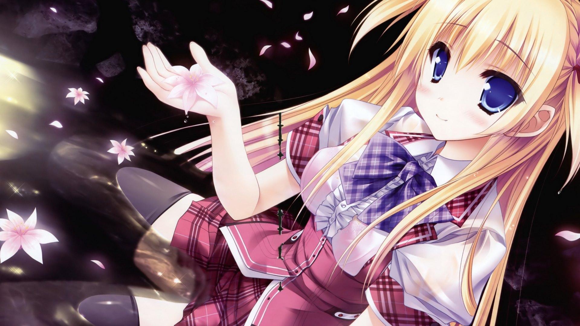 1920x1080 Wallpaper / original, cute girl, hanairo heptagram, blonde hair, school girl, cherry petals, water, uniform, anime, flowers, sitting, anime girl, blue eyes