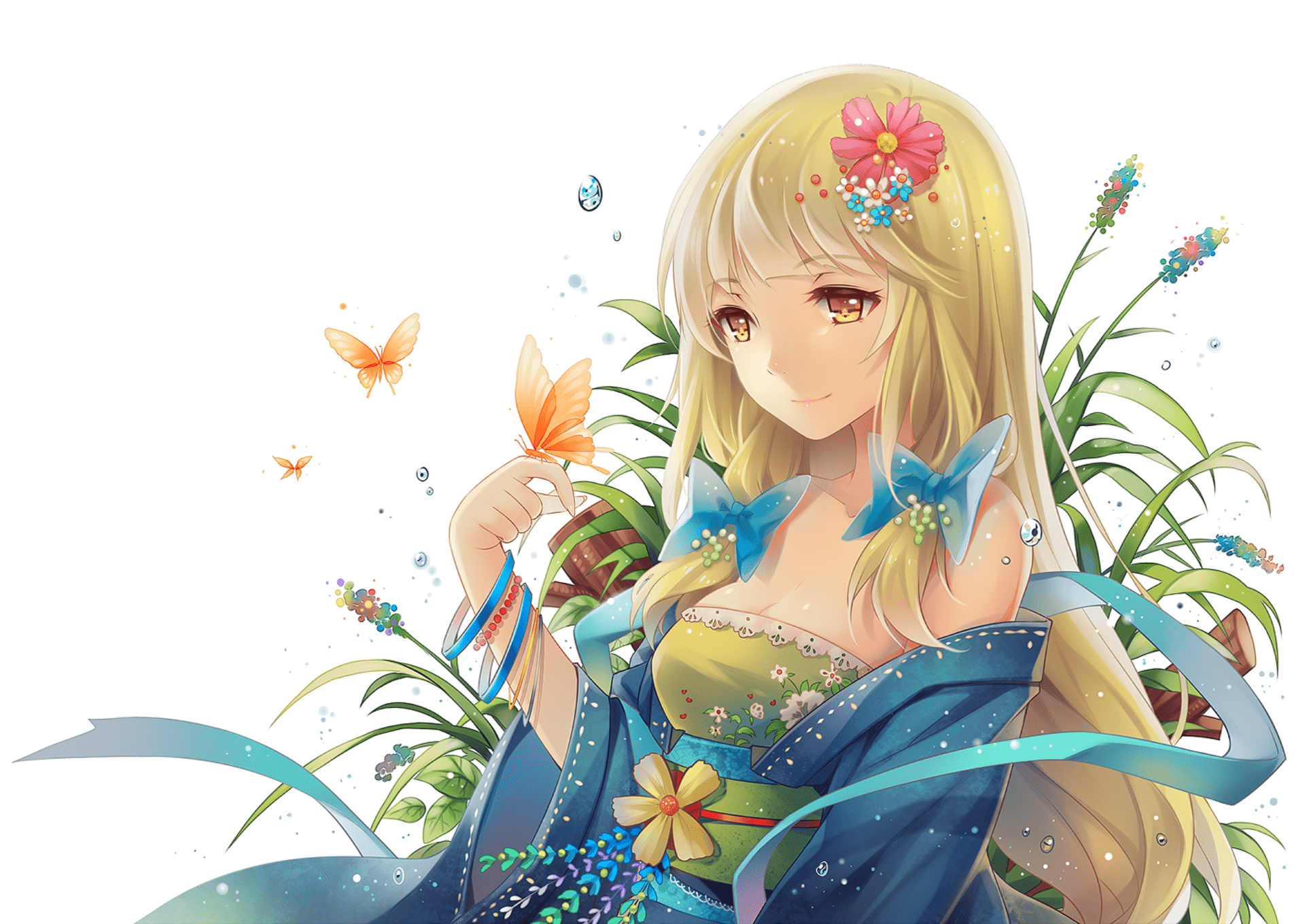 1926x1360 Girl, Butterfly, Blonde, Yellow Eyes, Kimono, Original (Anime), Water Drop, Flower, Smile, Anime wallpaper