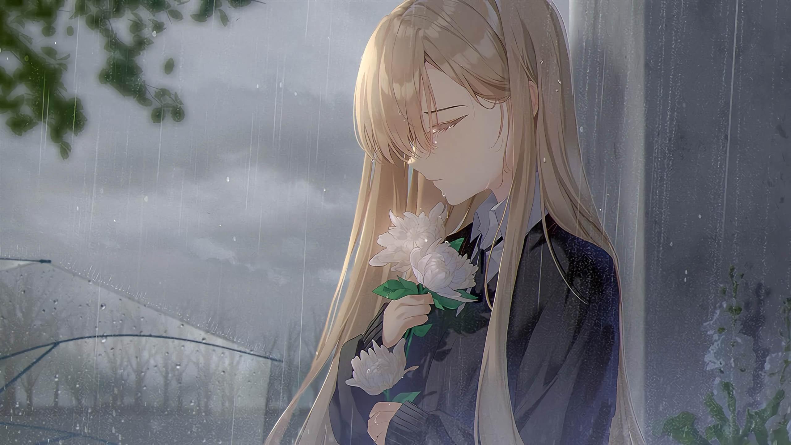 2560x1440 Blonde Flower Girl Rain HD Anime Girl Wallpaper