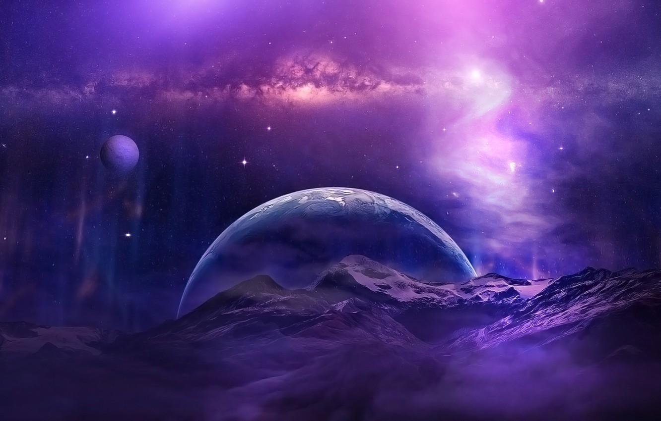 1332x850 Wallpaper space, universe, aurora, sky, mountains, clouds, stars, planet, purple, galaxy image for desktop, section космос