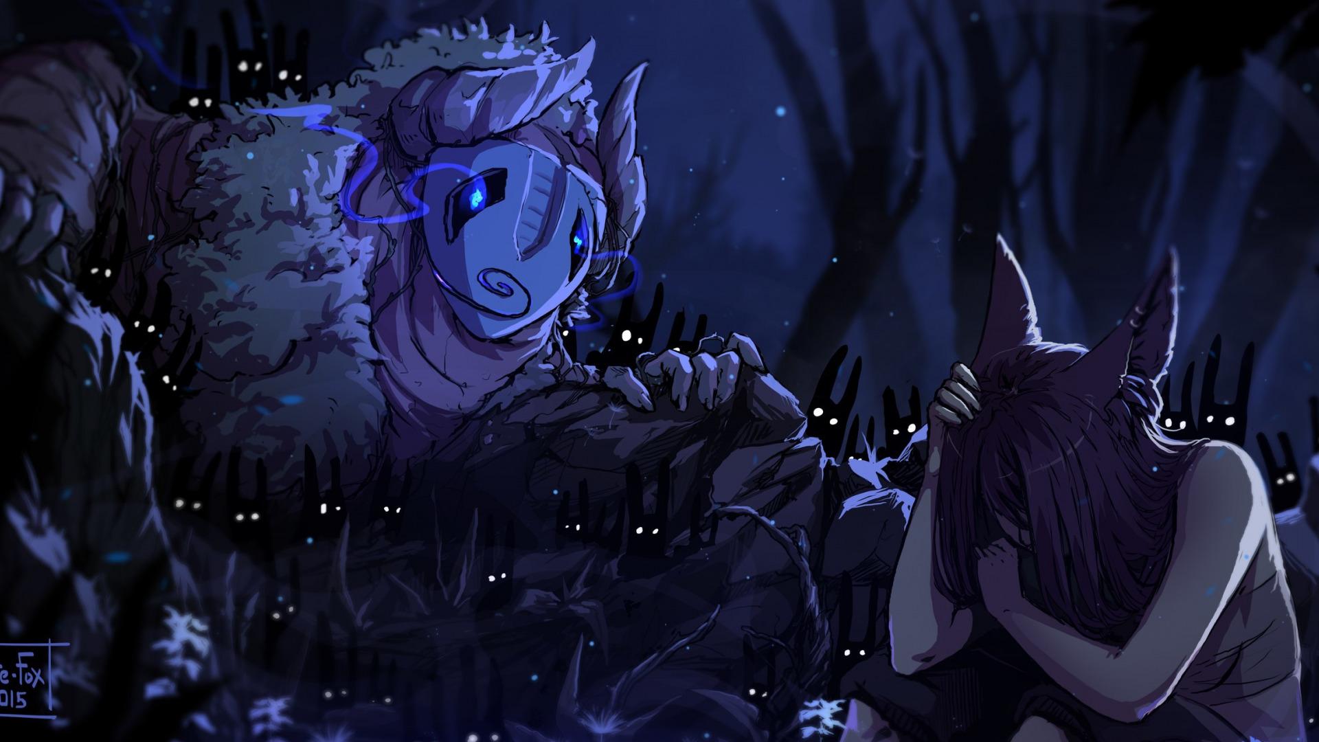 1920x1080 Download Wallpaper Forest, Fear, Spirit, Girl, Forest, Art, Katrin, Fear, Kitsune, Kate FoX, Section Fantasy In Resolution 1920x1080