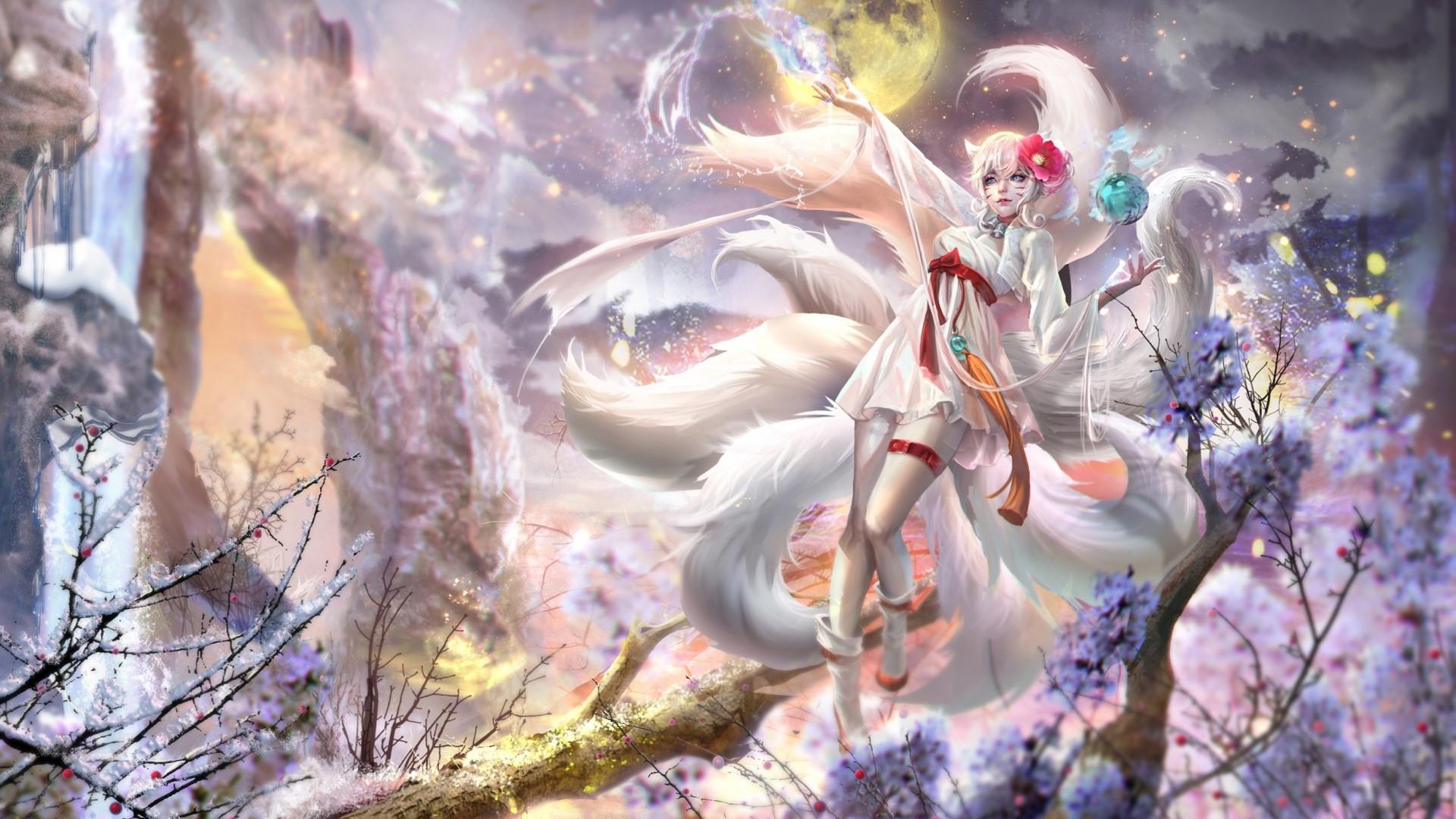 1920x1080 Download 1920x1080 Ahri, League Of Legends, Fox, Nine Tails, Moon, Artwork Wallpaper for Widescreen