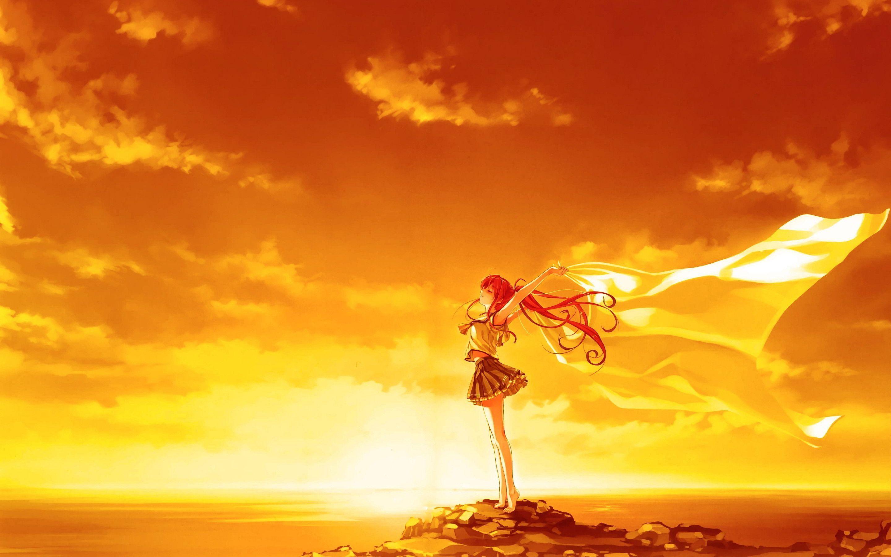 2880x1800 Golden nature made by the sun girl in the wind. Anime