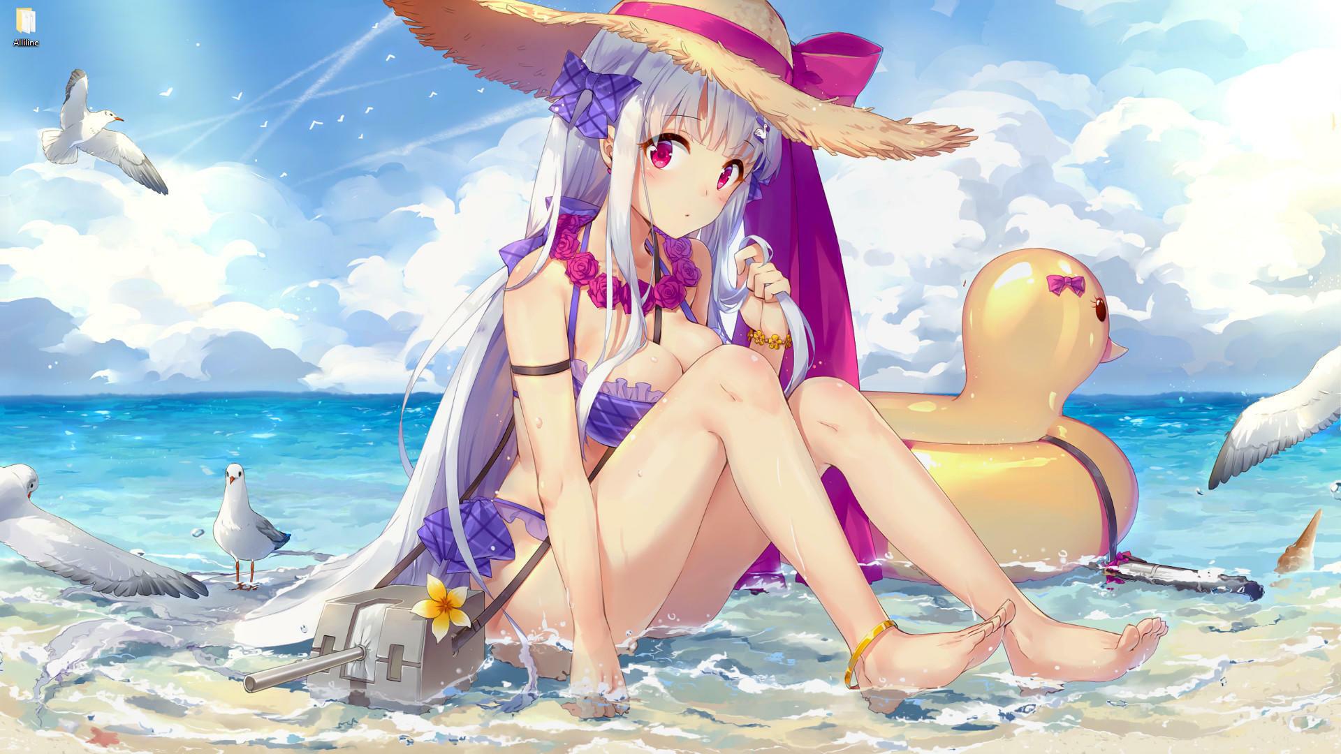 1920x1080 White Haired Anime Girl On The Beach In Panama Live Wallpaper [DOWNLOAD FREE]