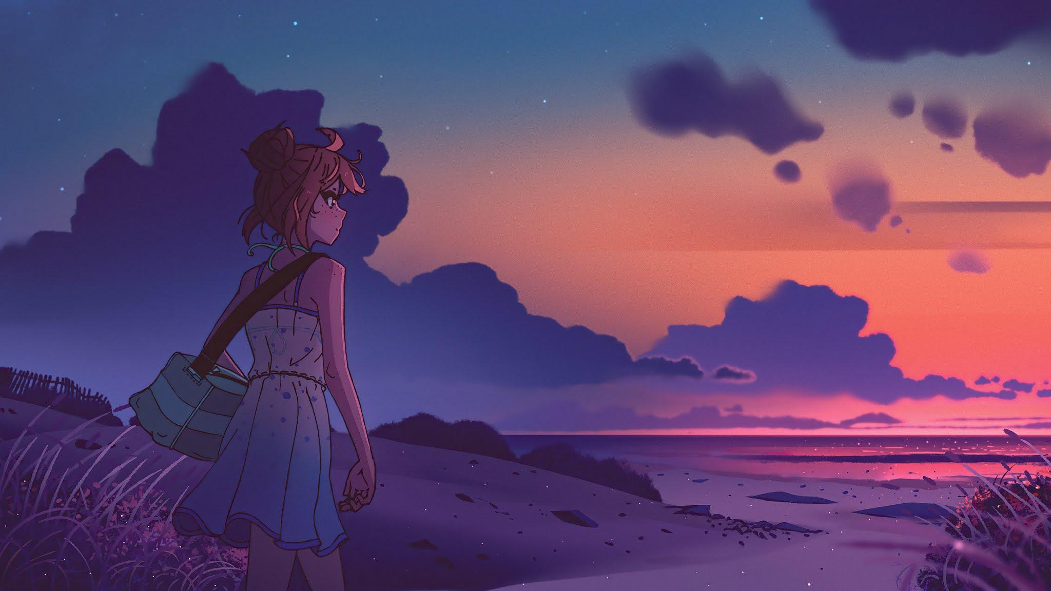 2048x1152 Anime Girl Sunset Beach Wallpaper
