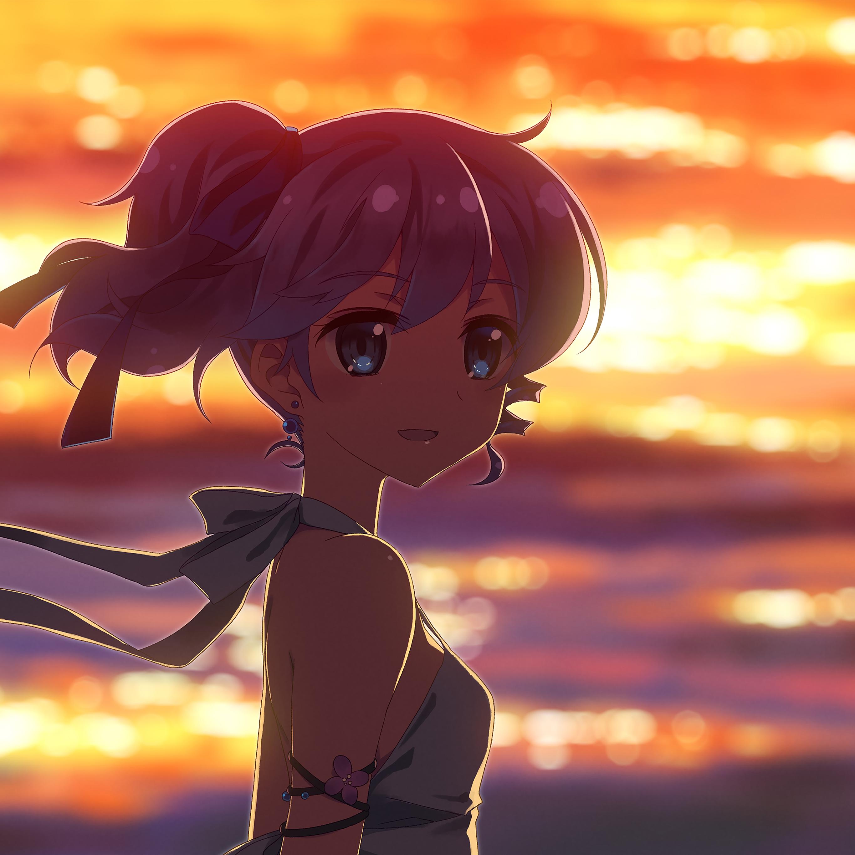 2732x2732 Anime Girl Beach Sunset Illust Art
