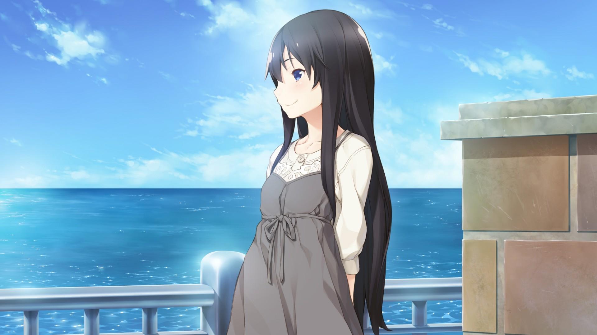 1920x1080 Girl, beach, blue sea, sky, yearning, cute anime girls wallpaper