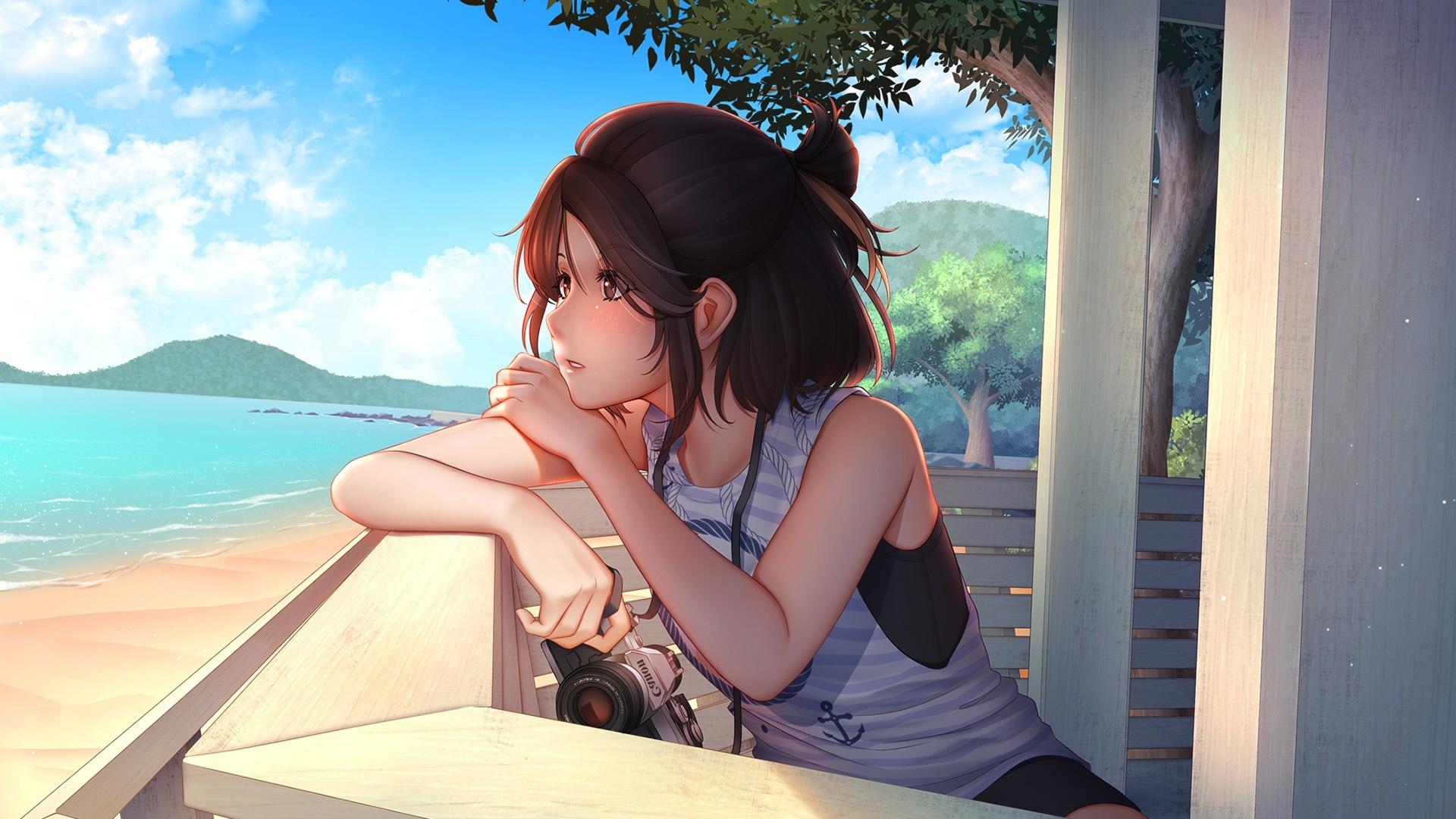 1920x1080 Wallpaper Looking Away, Profile View, Anime Girl, Beach, Cannon, Summer, Semi Realistic, Sky:1920x1080