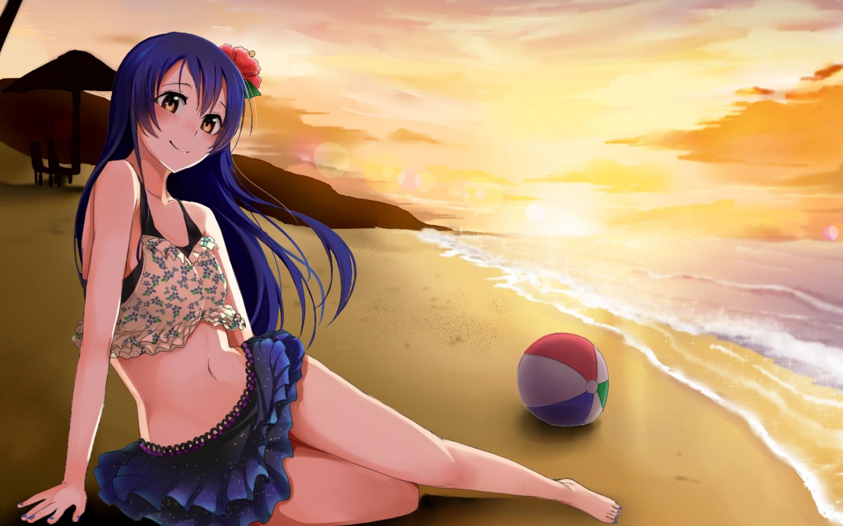 1680x1050 Desktop Wallpaper Blue Hair Anime Girl, Beach, Ball, Sunset, HD Image, Picture, Background, Qgqshv