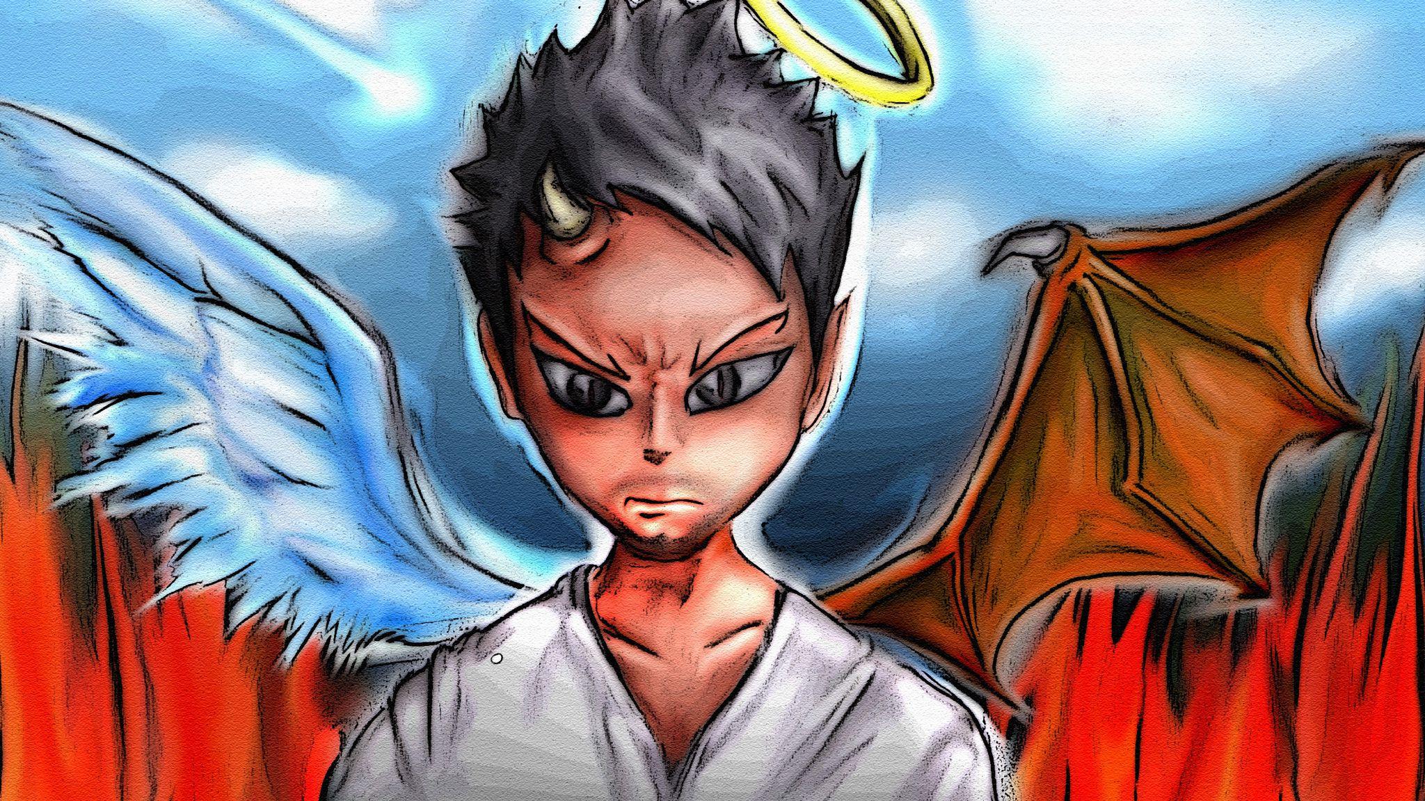 2048x1152 Download wallpaper 2048x1152 angel, devil, art, contradiction, essence ultrawide monitor HD background