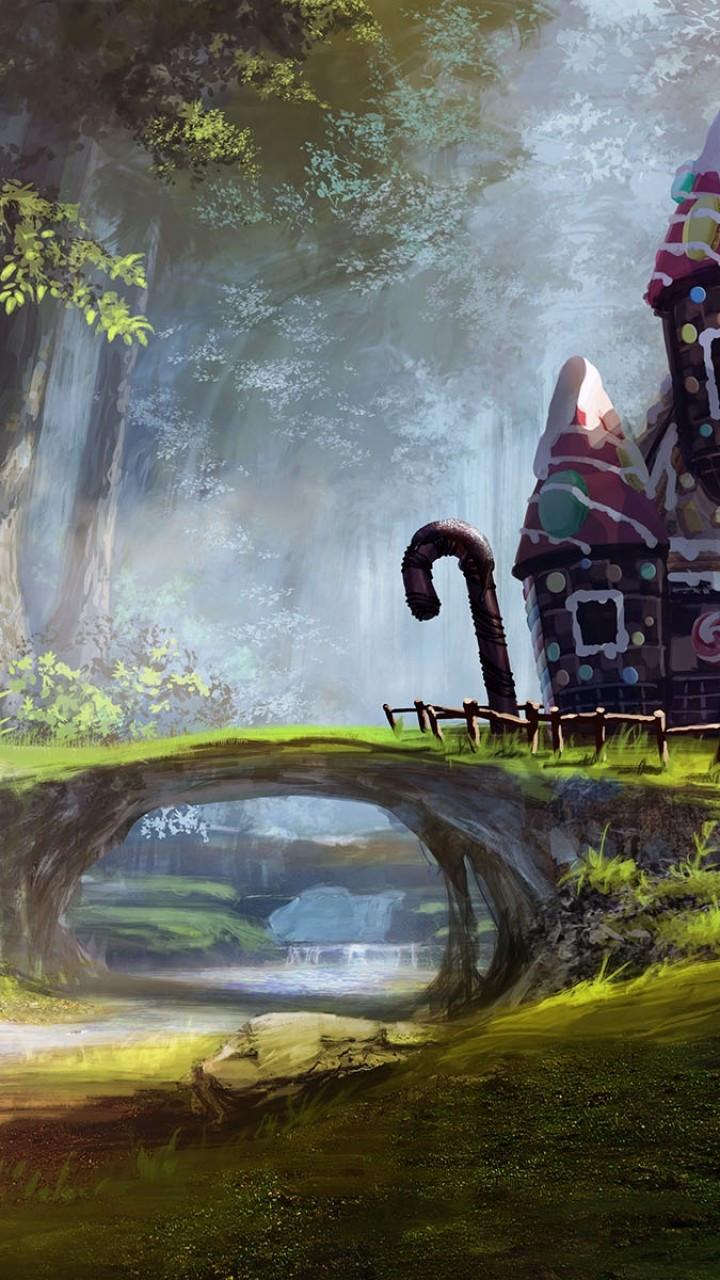 720x1280 Download 720x1280 Anime Landscape, Waterfall, Scenic, House, Fantasy, Nature Wallpaper for Galaxy S Galaxy Note II, Galaxy Nexus, Alcatel One Touch Idol Ultra