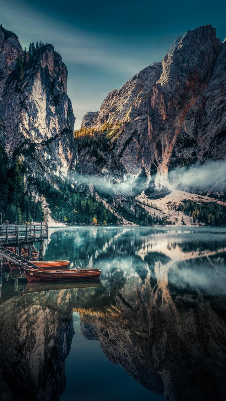 720x1280 Download 720x1280 wallpaper lake, boats, pier, mountains, reflections, nature, samsung galaxy mini s s neo, alpha, sony xperia compact z z z asus zenfone, 720x1280 HD image, background, 8494