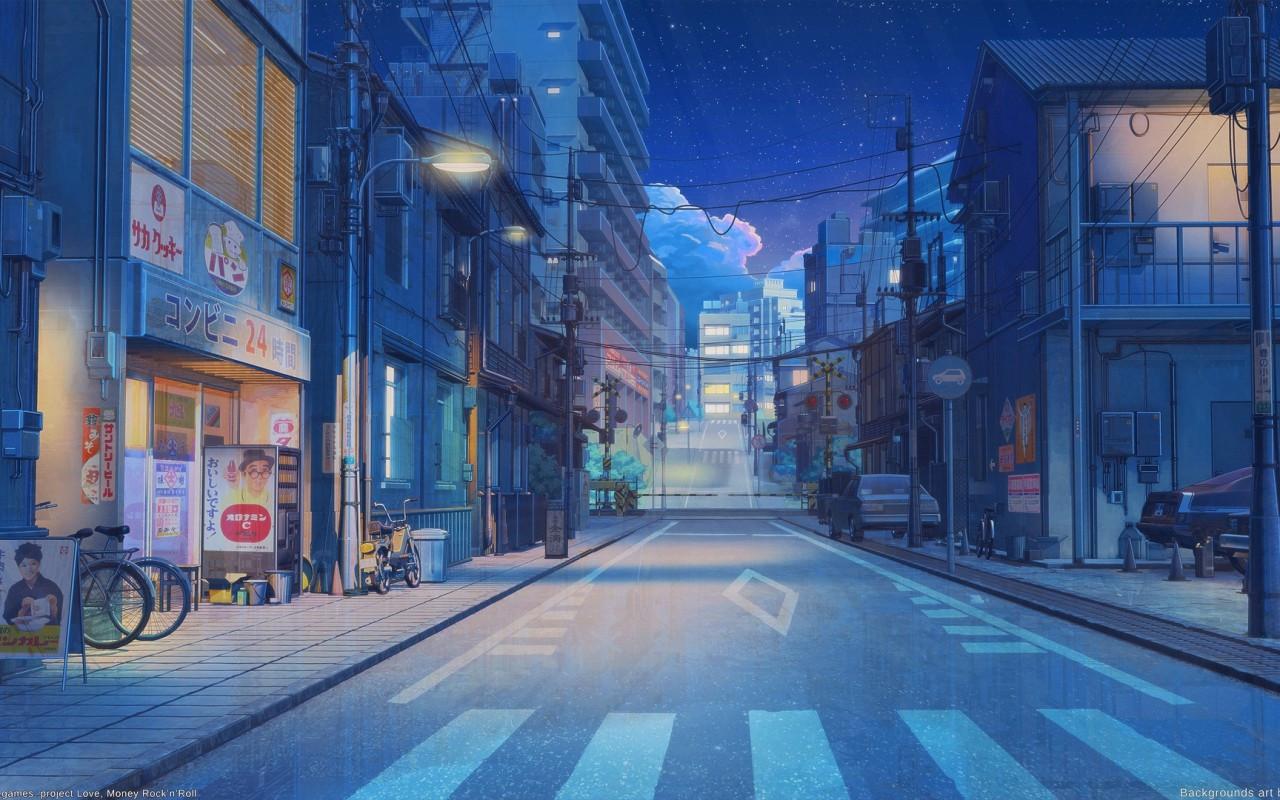 1280x800 Download 1280x800 Anime Street, Road, Buildings, Scenery, Night, Stars Wallpaper for Motorola Xoom, MacBook Pro 13