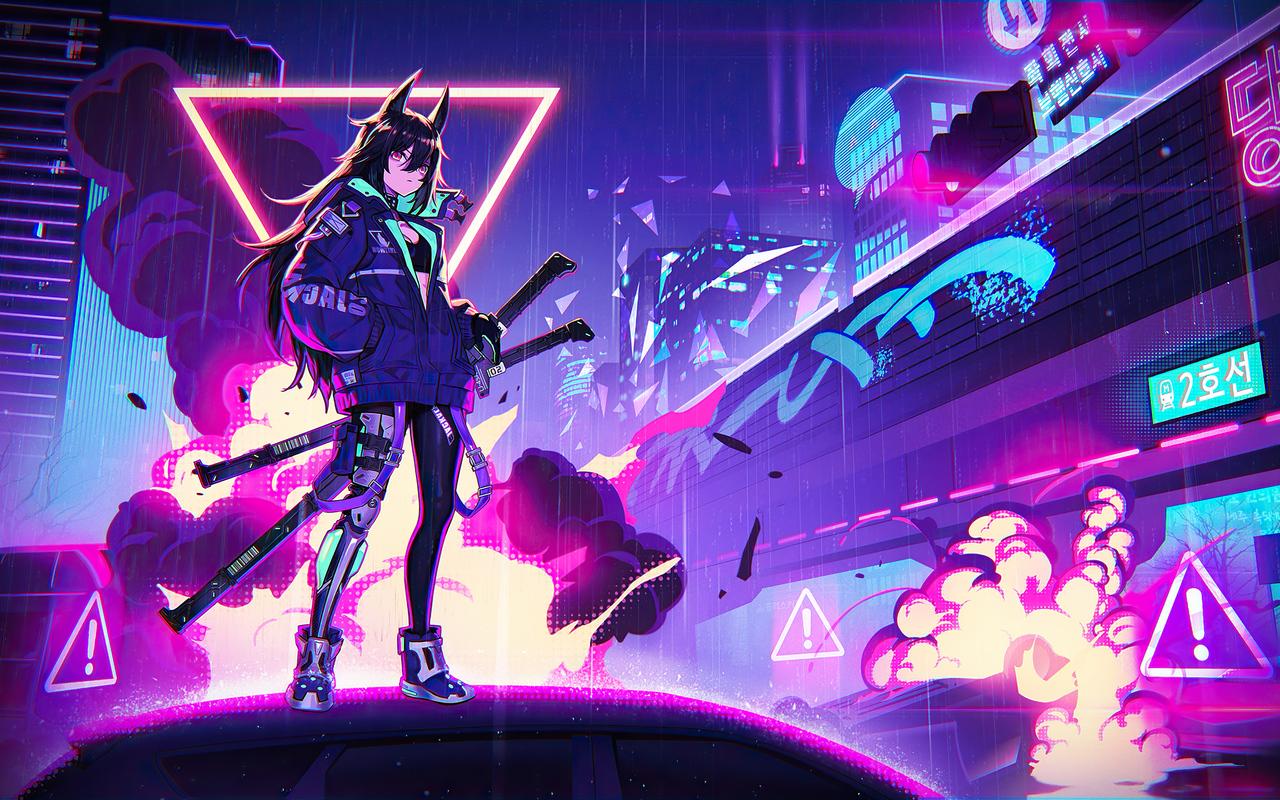 1280x800 Katana Anime Girl Neon 4k 720P HD 4k Wallpaper, Image, Background, Photo and Picture