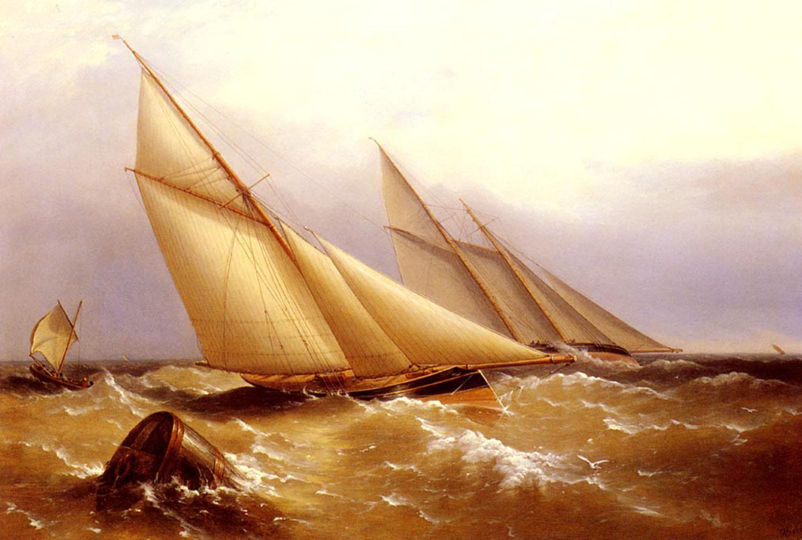1605x1080 A Schooner And Cutter Yacht Rounding A Buoy