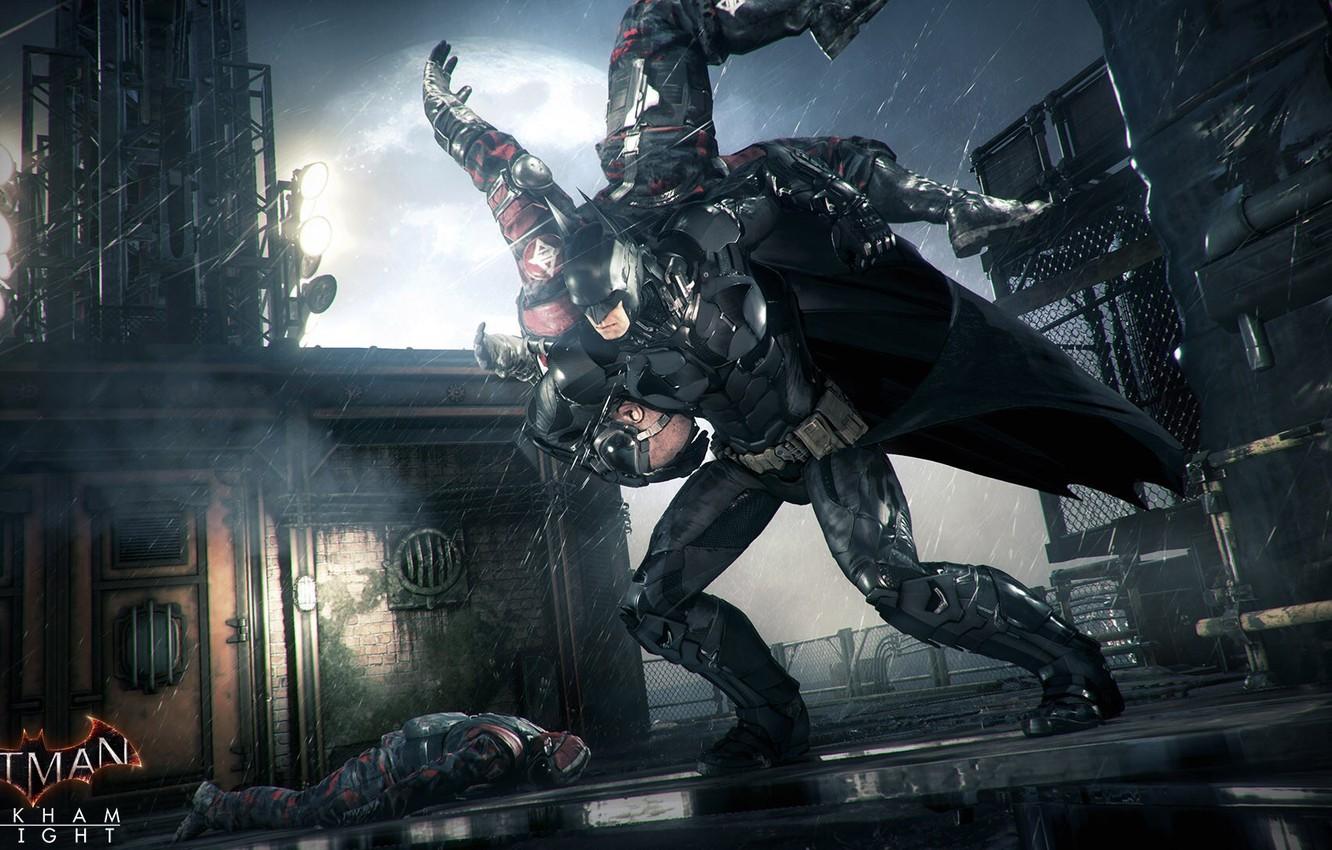 1332x850 Wallpaper night, the city, rain, the moon, Batman, costume, blow, Gotham, Batman: Arkham Knight image for desktop, section игры