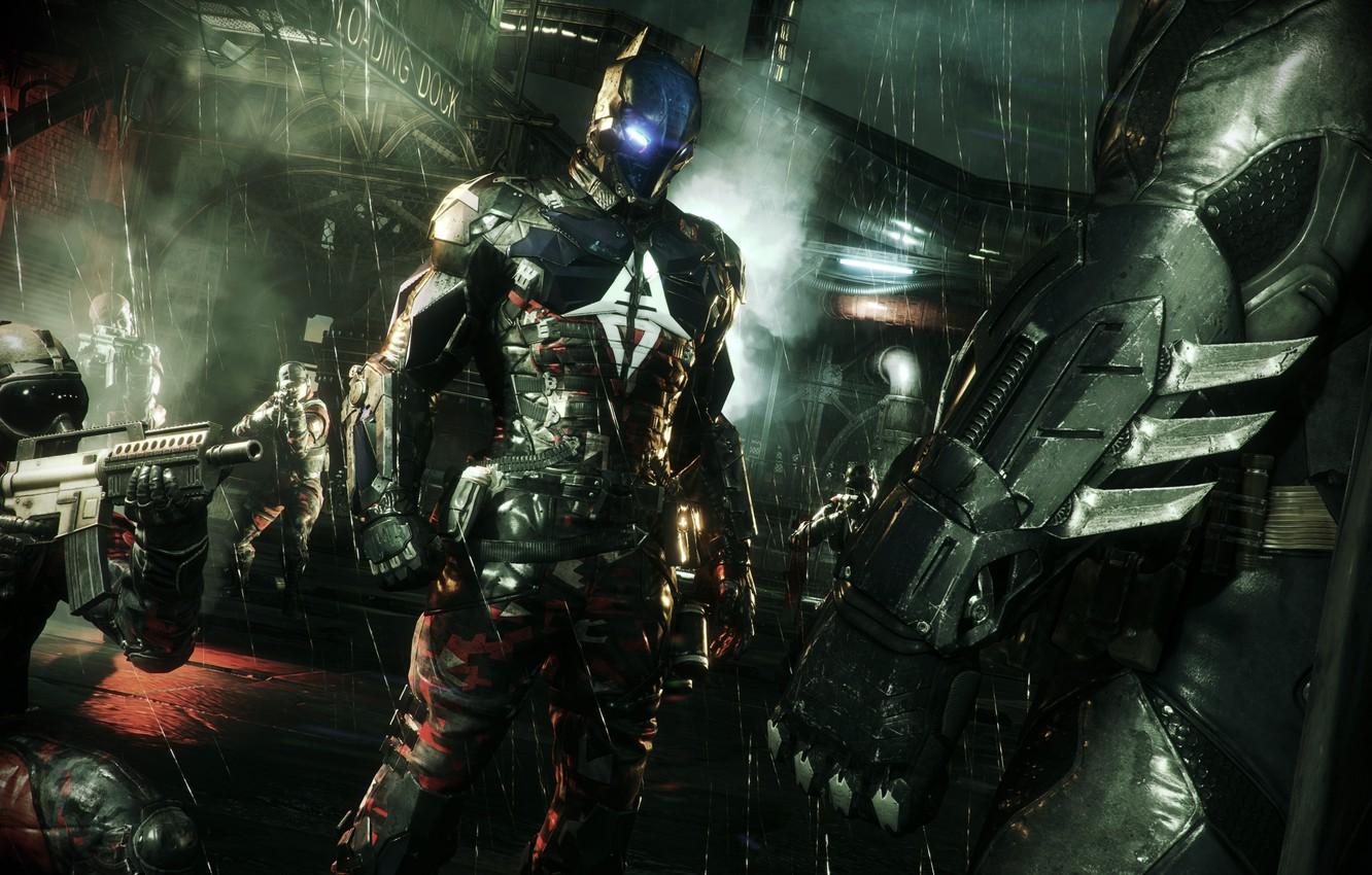 1332x850 Wallpaper night, the city, weapons, rain, the moon, costume, Gotham, Arkham Knight, Batman: Arkham Knight image for desktop, section игры