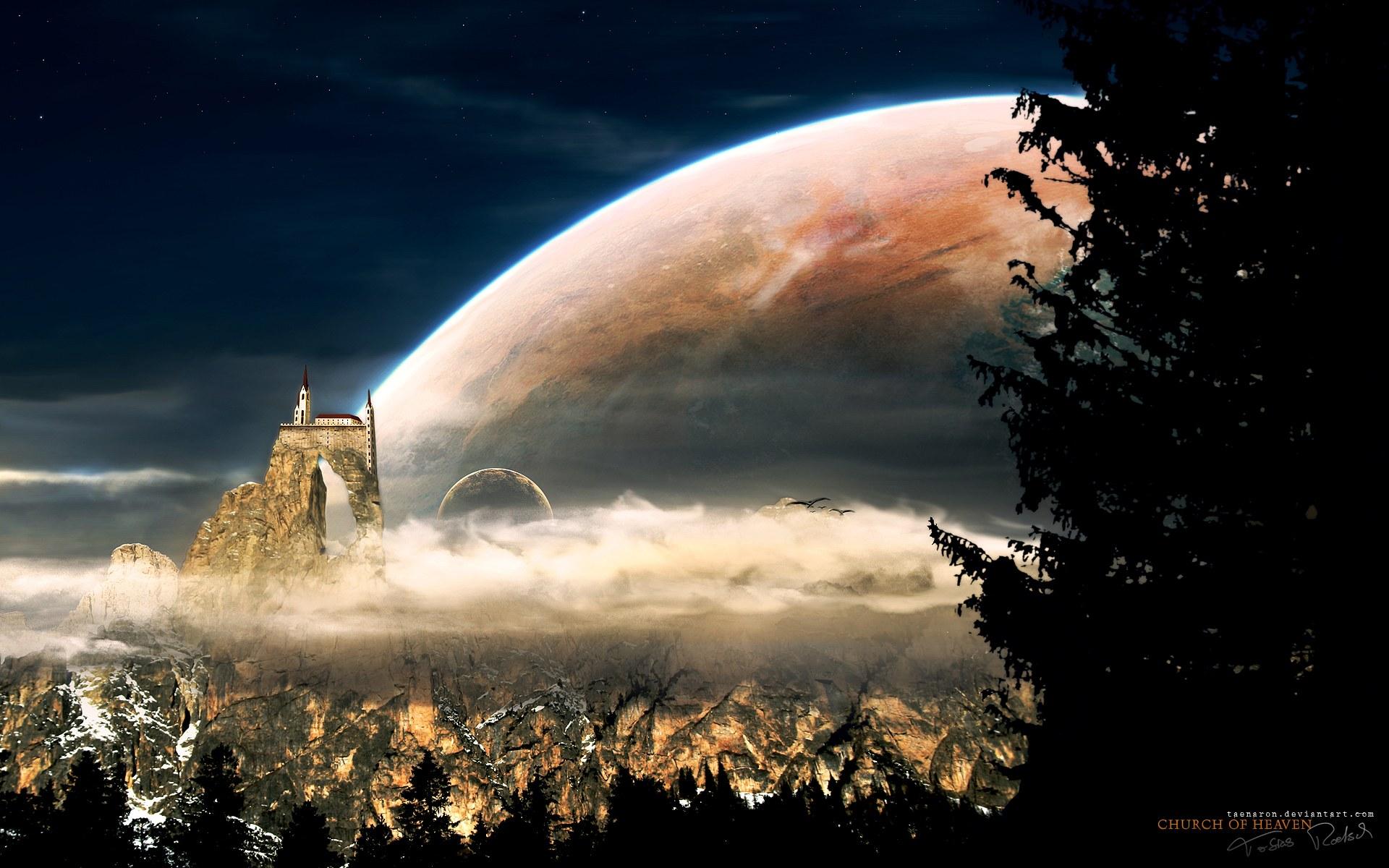 1920x1200 Universe and planets digital art wallpaper church Wallpaper Wallpaper 70556