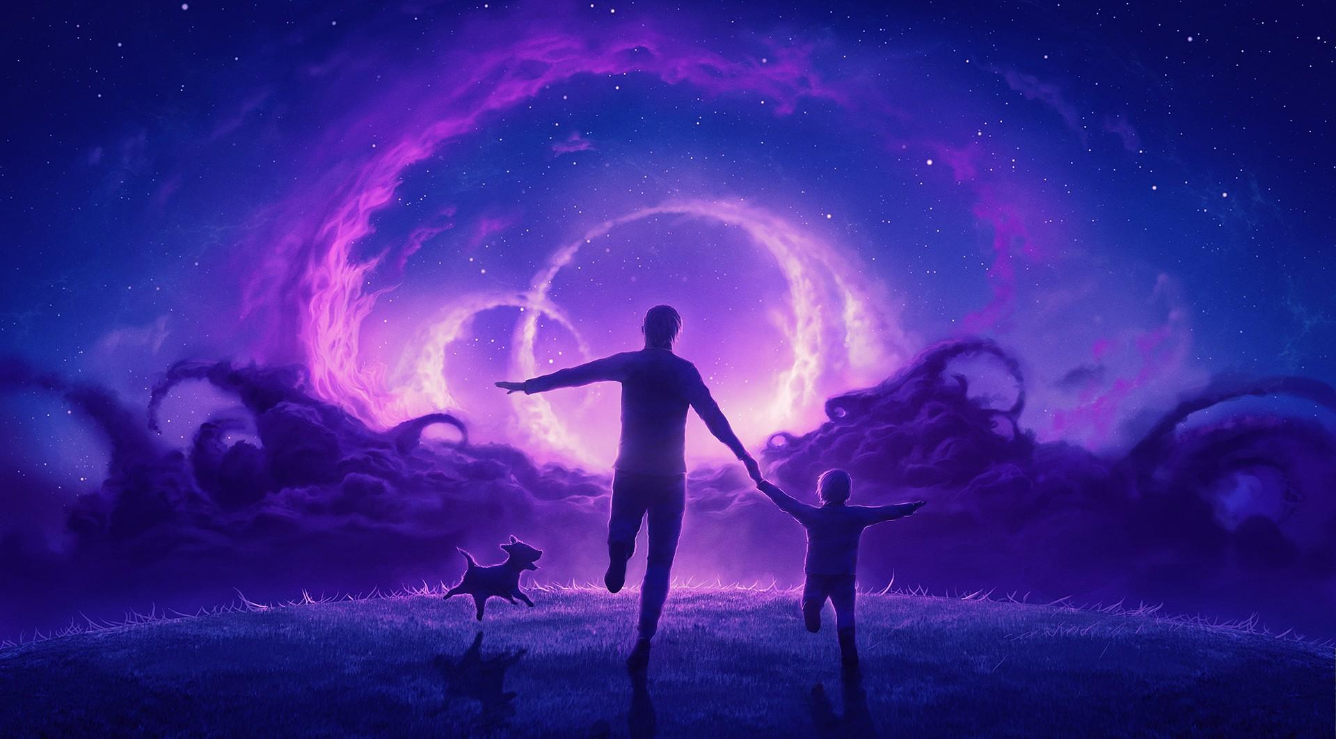 1920x1062 families, Sky, Heaven & Hell, Dog, Stars, Night, Lights, Grass, Purple, Digital art Wallpaper HD / Desktop and Mobile Background