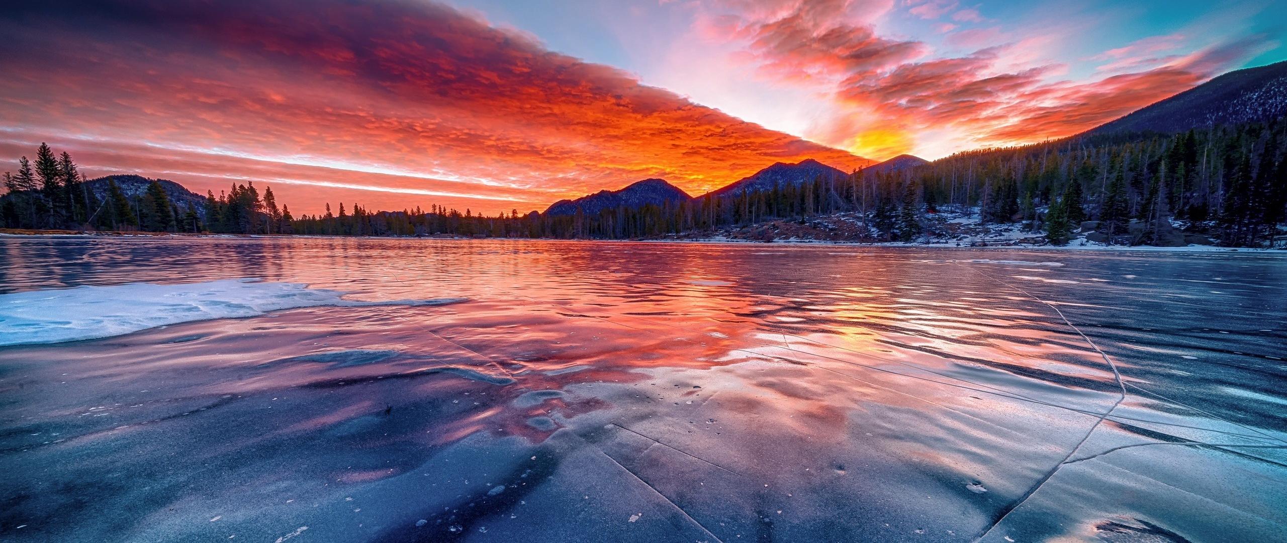 2560x1080 Download 2560x1080 wallpaper frozen lake, sunset, winter, skyline, nature, dual wide, widescreen, 2560x1080 HD image, background, 2300