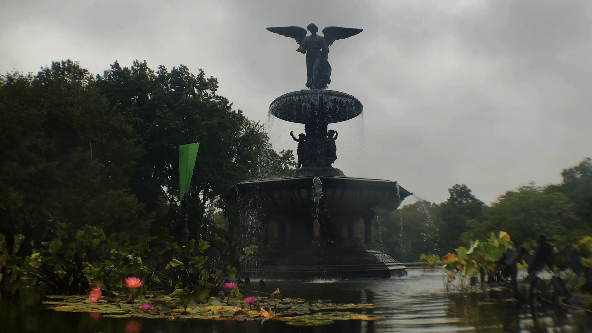 1920x1080 Bethesda Terrace & Angel Fountain during a rain storm in Central Park, NYC Stock Video Footage