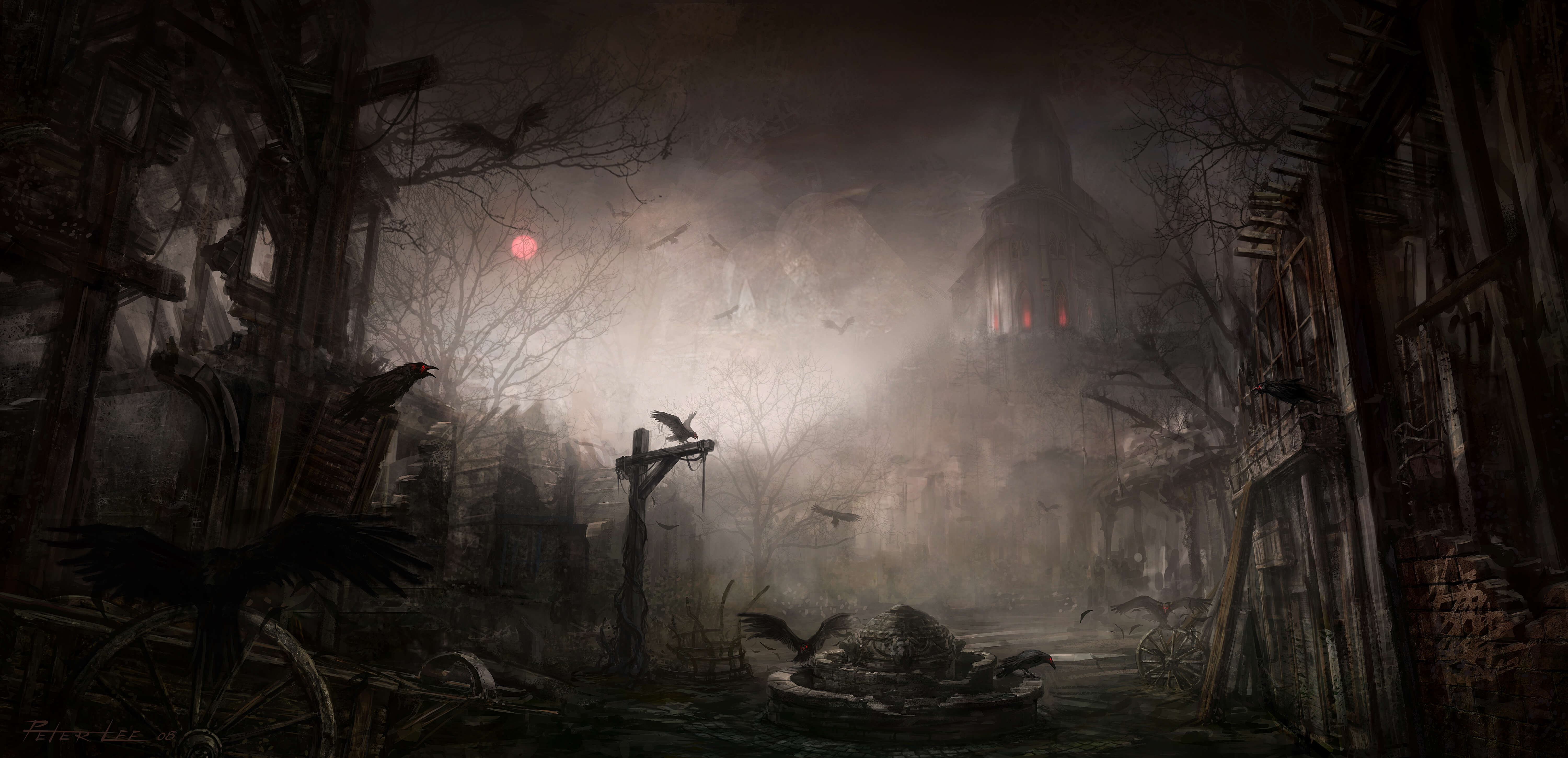 6000x2903 Diablo III: Dark Gothic Town 4K Wallpaper • GamePhD