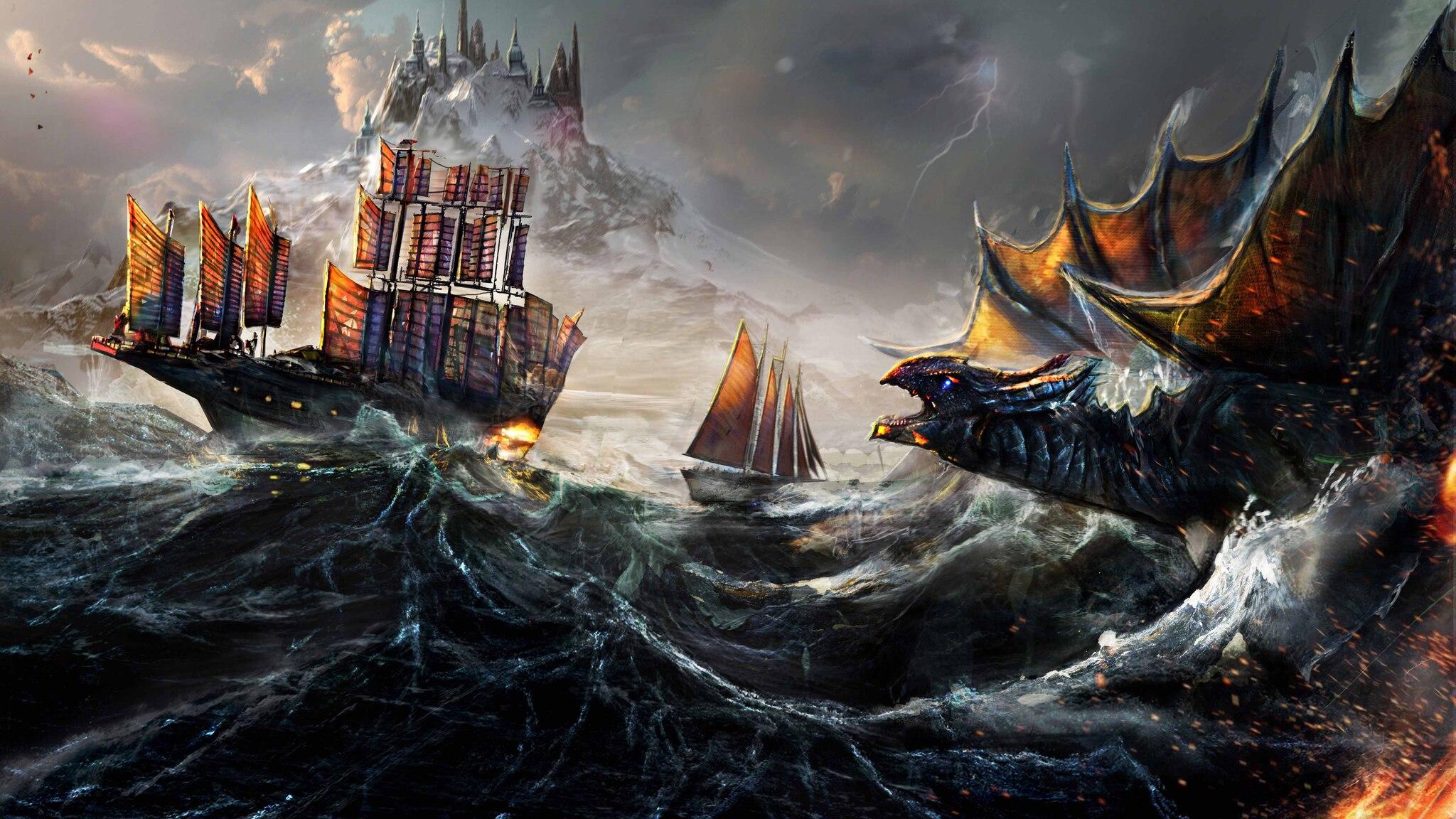 2048x1152 Dragon Fight Ocean Ship Painting 5k 2048x1152 Resolution HD 4k Wallpaper, Image, Background, Photo and Picture