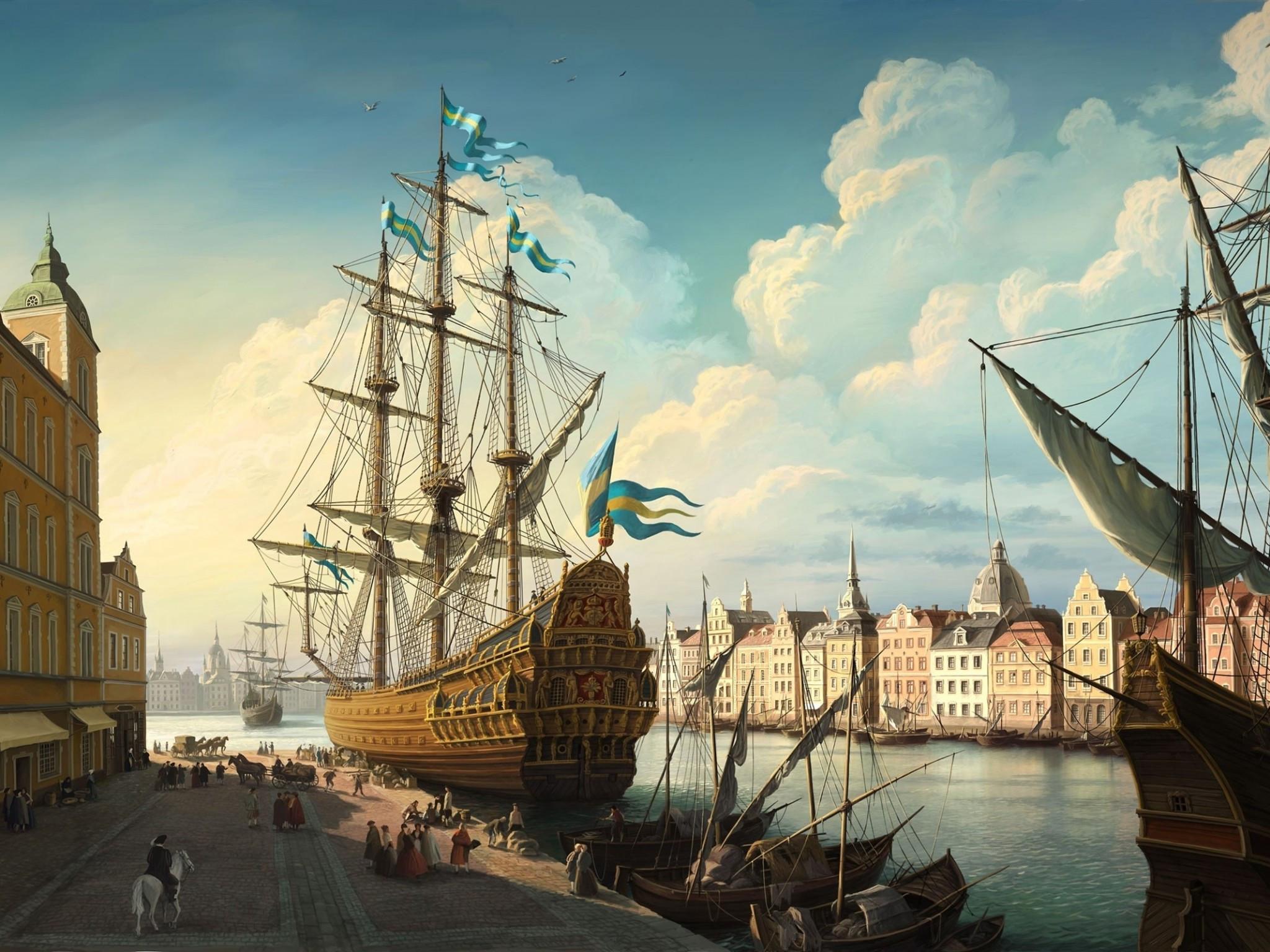 2048x1536 Download 2048x1536 Stockholm, Port, Ship, Sweden, Artwork, People, Building, Painting Wallpaper for Ainol Novo 9 Spark
