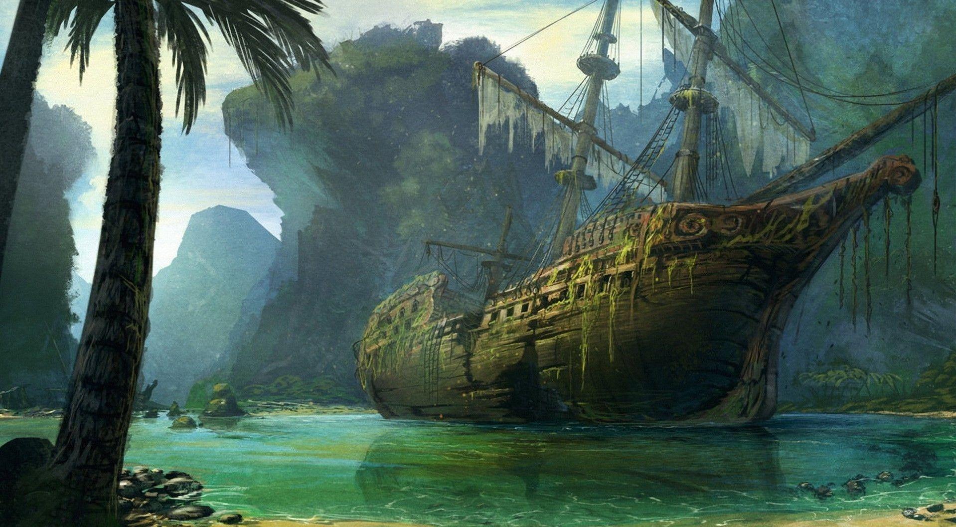 1918x1057 Download HD Wallpaper Of 328473 Ship, Fantasy_art, Wreck, Artwork. Free Download High Quality And Widescreen Resolu. Fantasy Landscape, Pirate Island, Pirate Art