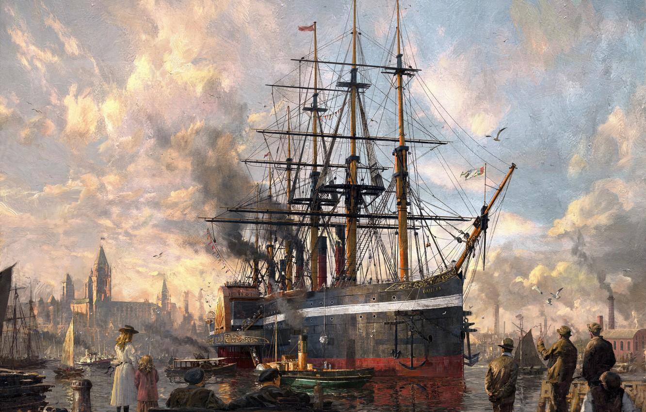 1332x850 Wallpaper Pier, The city, The game, People, Ship, The ship, Painting, Illustration, Concept Art, Marina, Ship, Game Art, Arrival, Greg Rutkowski, The YEAR by Greg Rutkowski image for desktop, section живопись