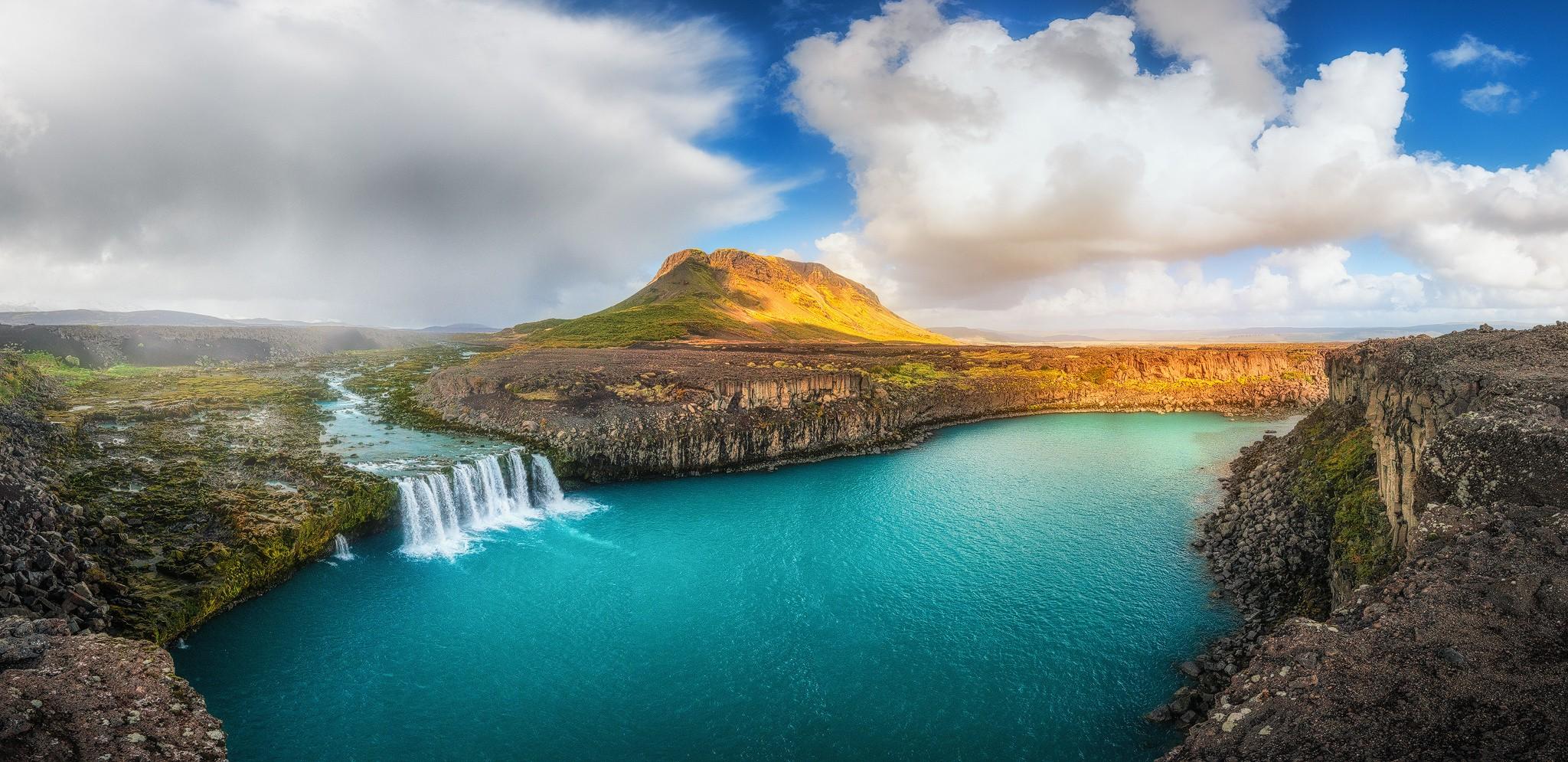 2048x995 waterfall, Summer, Iceland, River, Clouds, Cliff, Panoramas, Water, Hill, Nature, Landscape Wallpaper HD / Desktop and Mobile Background