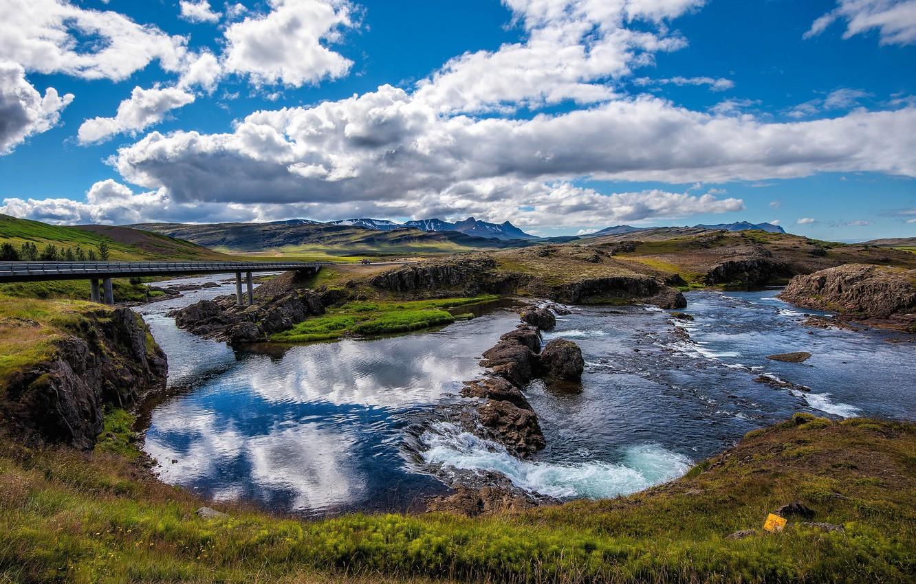 1332x850 Wallpaper summer, the sky, clouds, river, Iceland image for desktop, section пейзажи