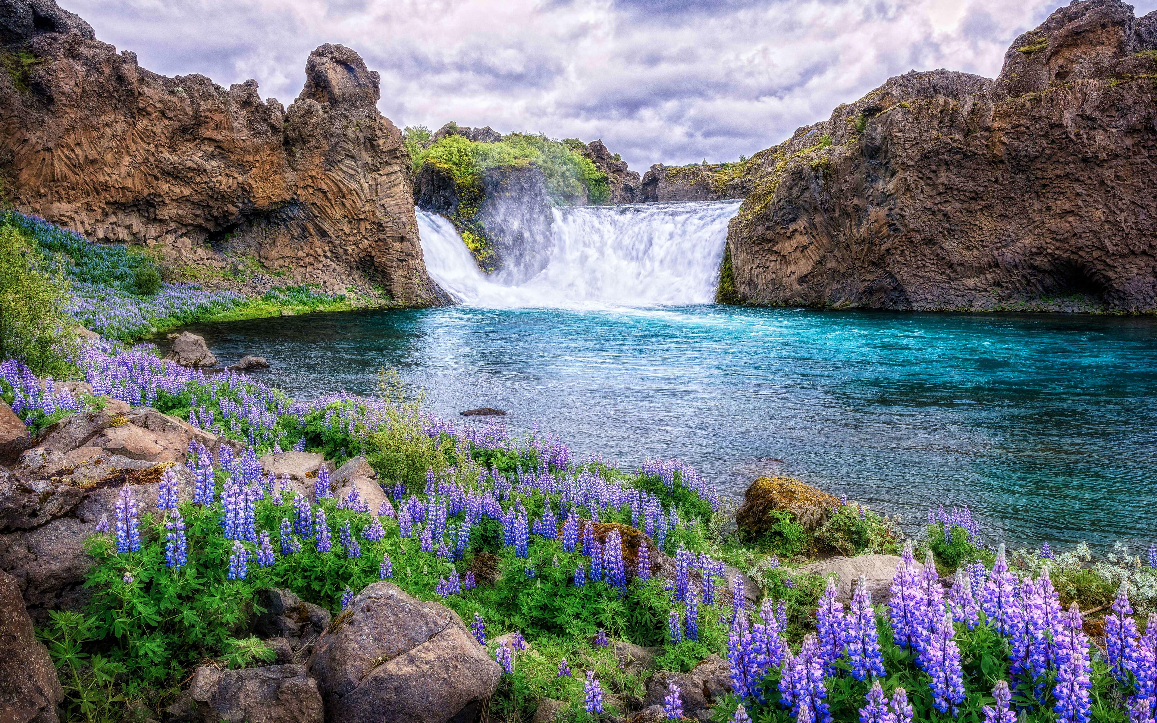 3840x2400 Download wallpaper Hjalparfoss, 4k, waterfalls, beautiful nature, summer, Iceland, Great Britain, Icelandic nature for desktop with resolution 3840x2400. High Quality HD picture wallpaper
