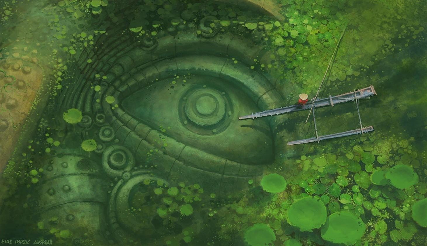 1462x842 digital Art, Fantasy Art, Eyes, Leaves, Nature, Water, Boat, Sculpture, God Wallpaper HD / Desktop and Mobile Background