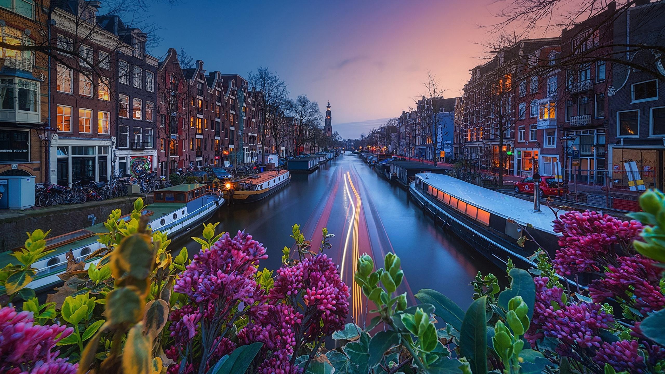 2560x1440 Picture Amsterdam Netherlands Canal Riverboat Evening 2560x1440