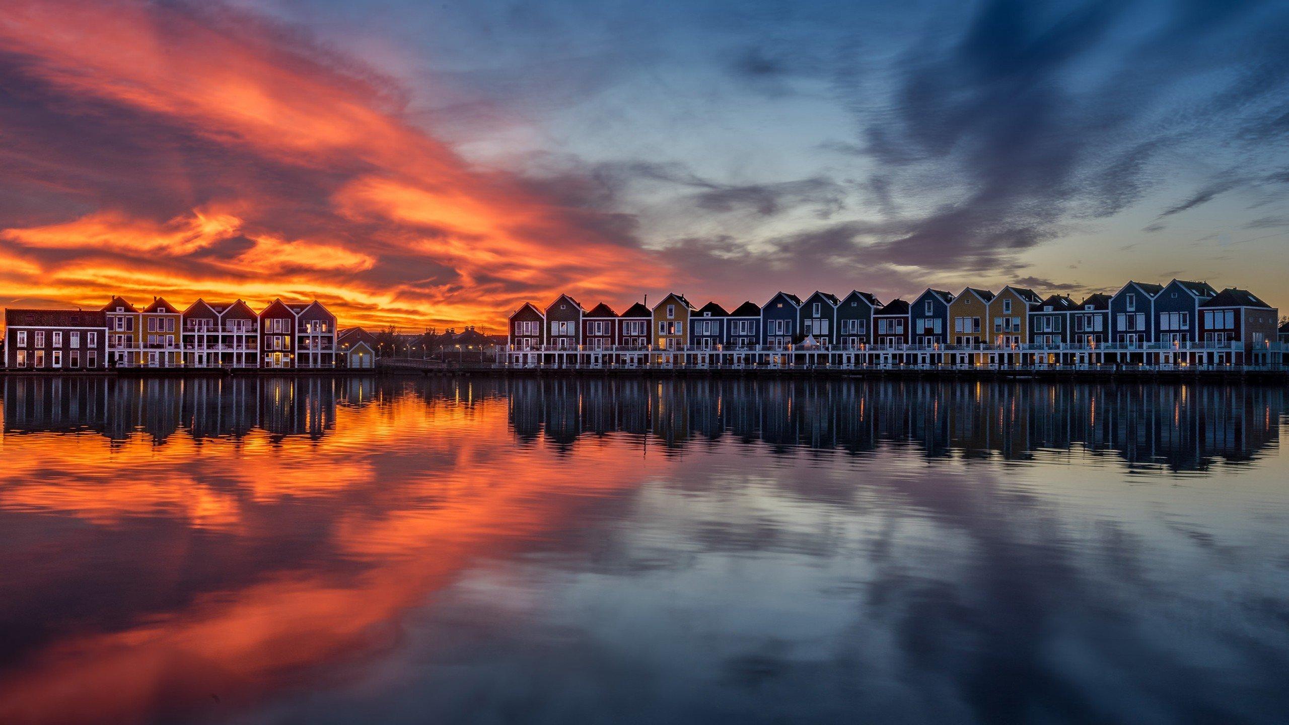 2560x1440 reflection, Sunset, Water, Sun, Netherlands, Amsterdam, Building Wallpaper HD / Desktop and Mobile Background