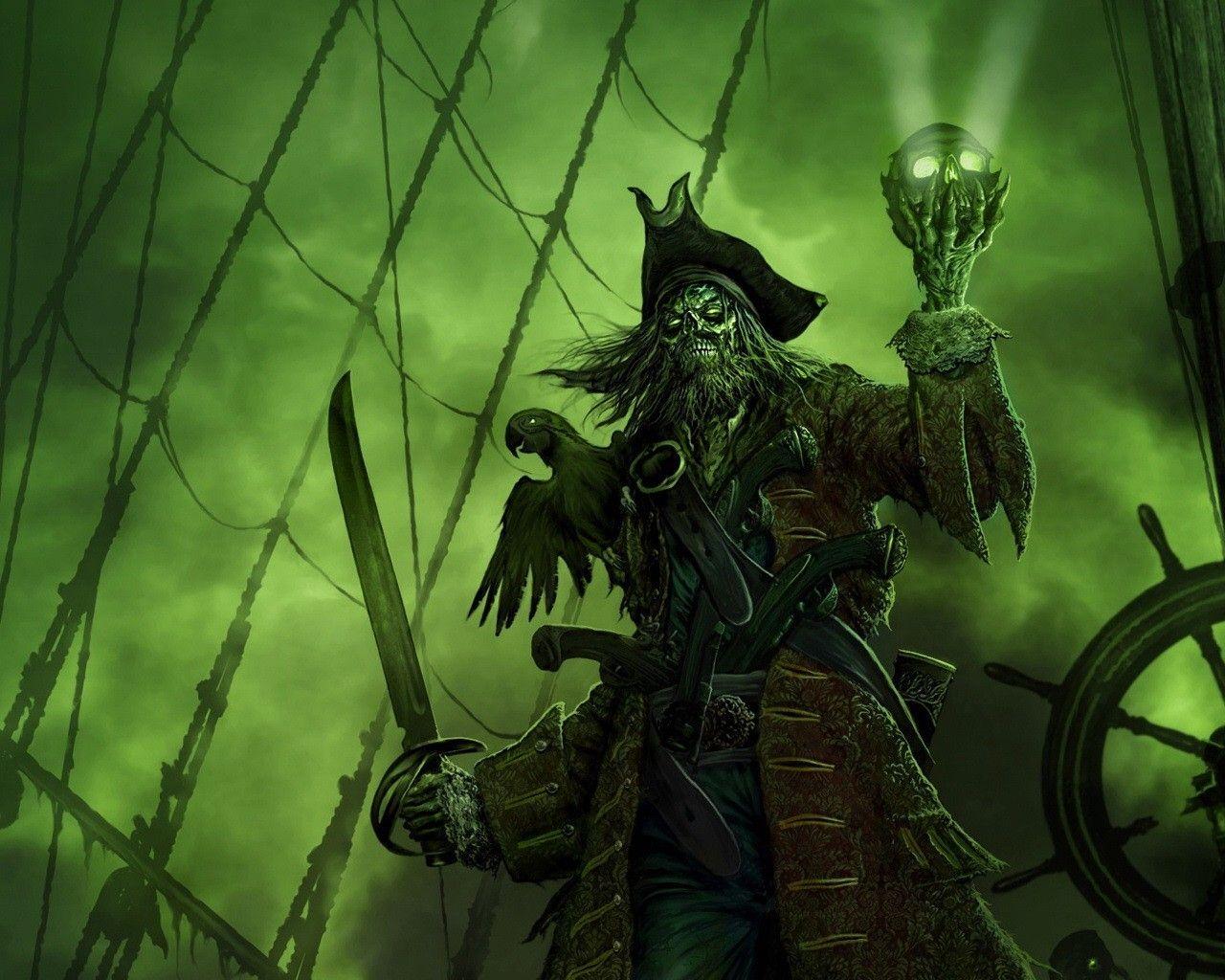 1280x1024 Fire Skull Captain A Ghost Parrot Green Fantasy Wallpaper. Ghost ship, Gothic wallpaper, Fantasy