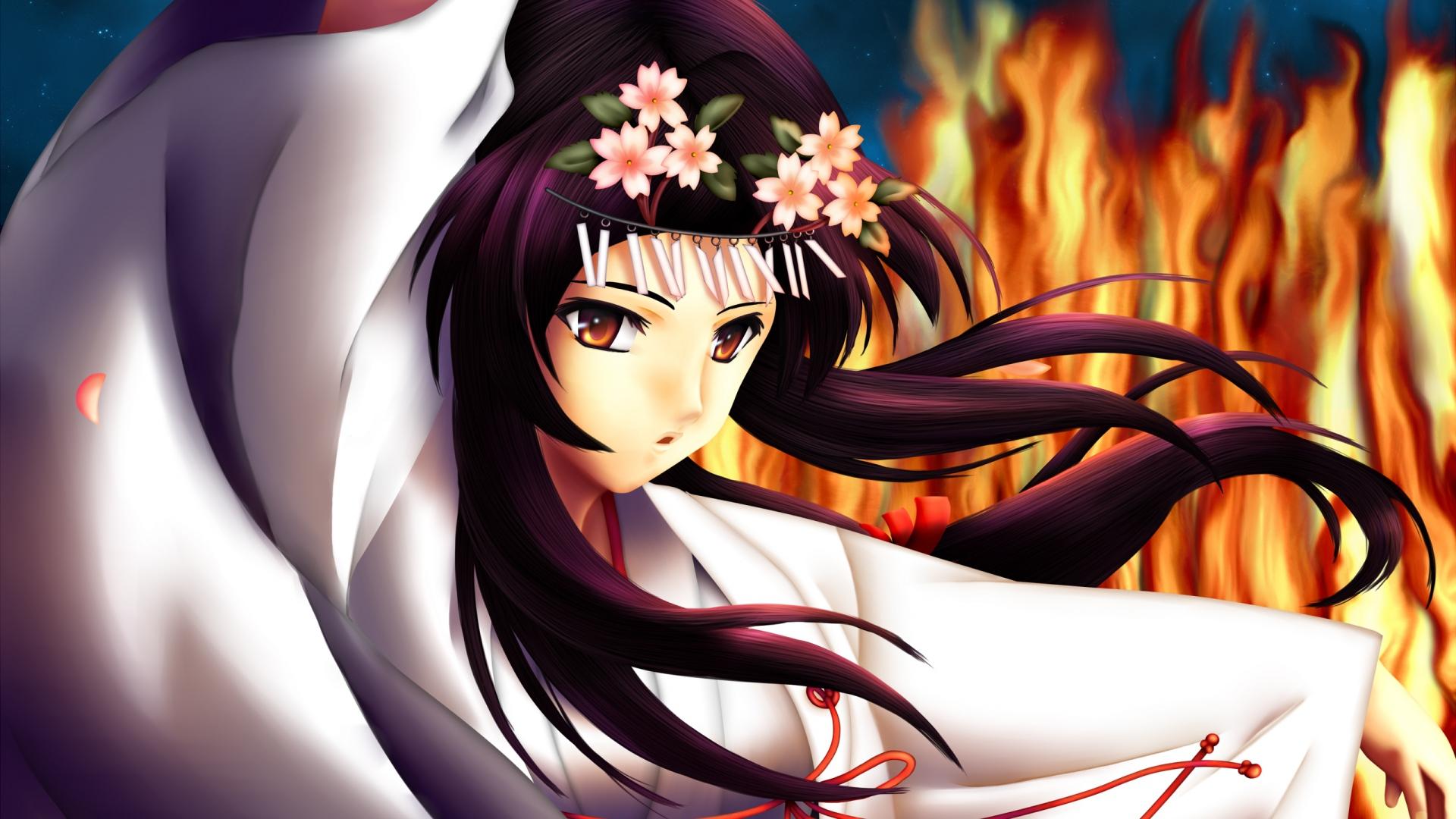 1920x1080 Download Wallpaper 1920x1080 myself, yourself, girl, brunette, kimono, garland Full HD 1080p HD Background