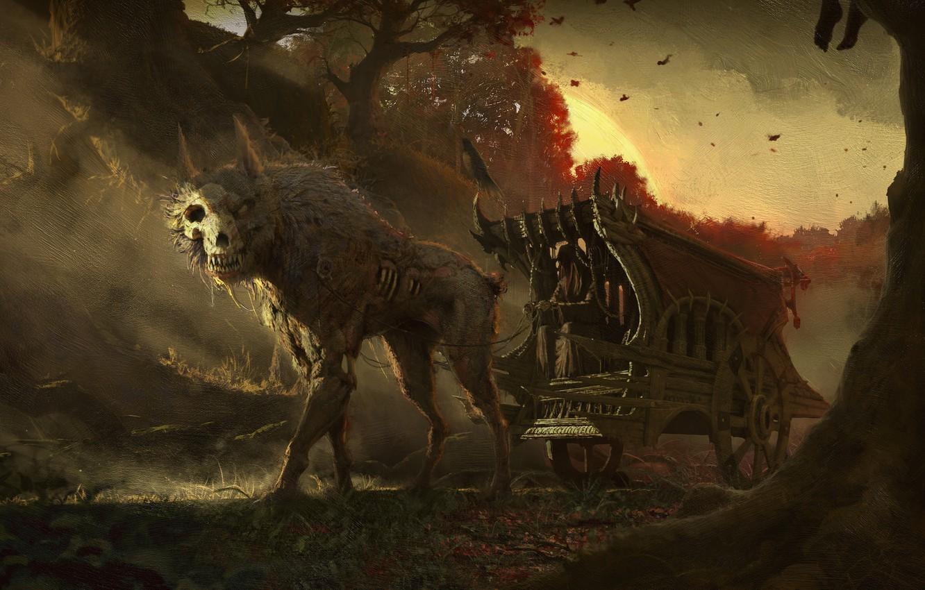 1332x850 Wallpaper Coach, Wolf, The demon, Fantasy, Art, halloween, Fiction, Illustration, Storytelling, Suttipong Kuntimoon, by Suttipong Kuntimoon, i dont know image for desktop, section фантастика