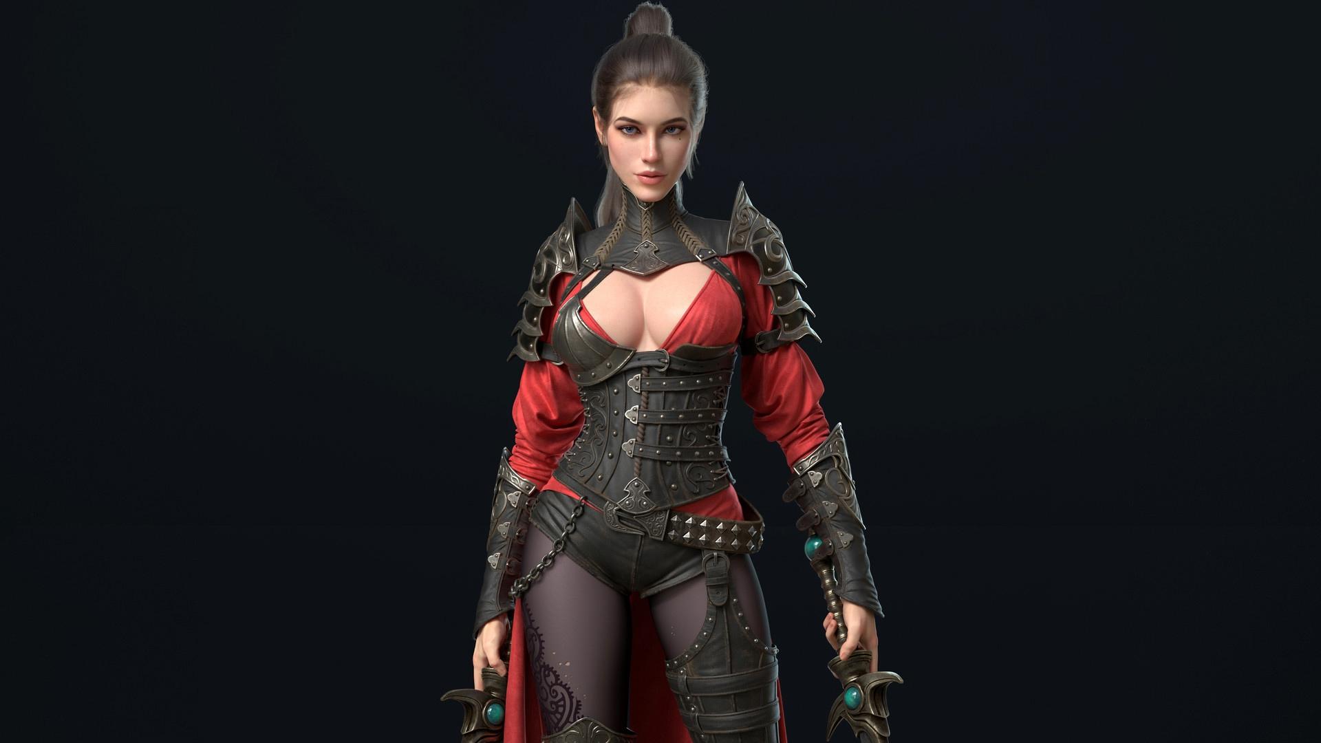 1920x1080 black, red, fantasy, warrior, girl