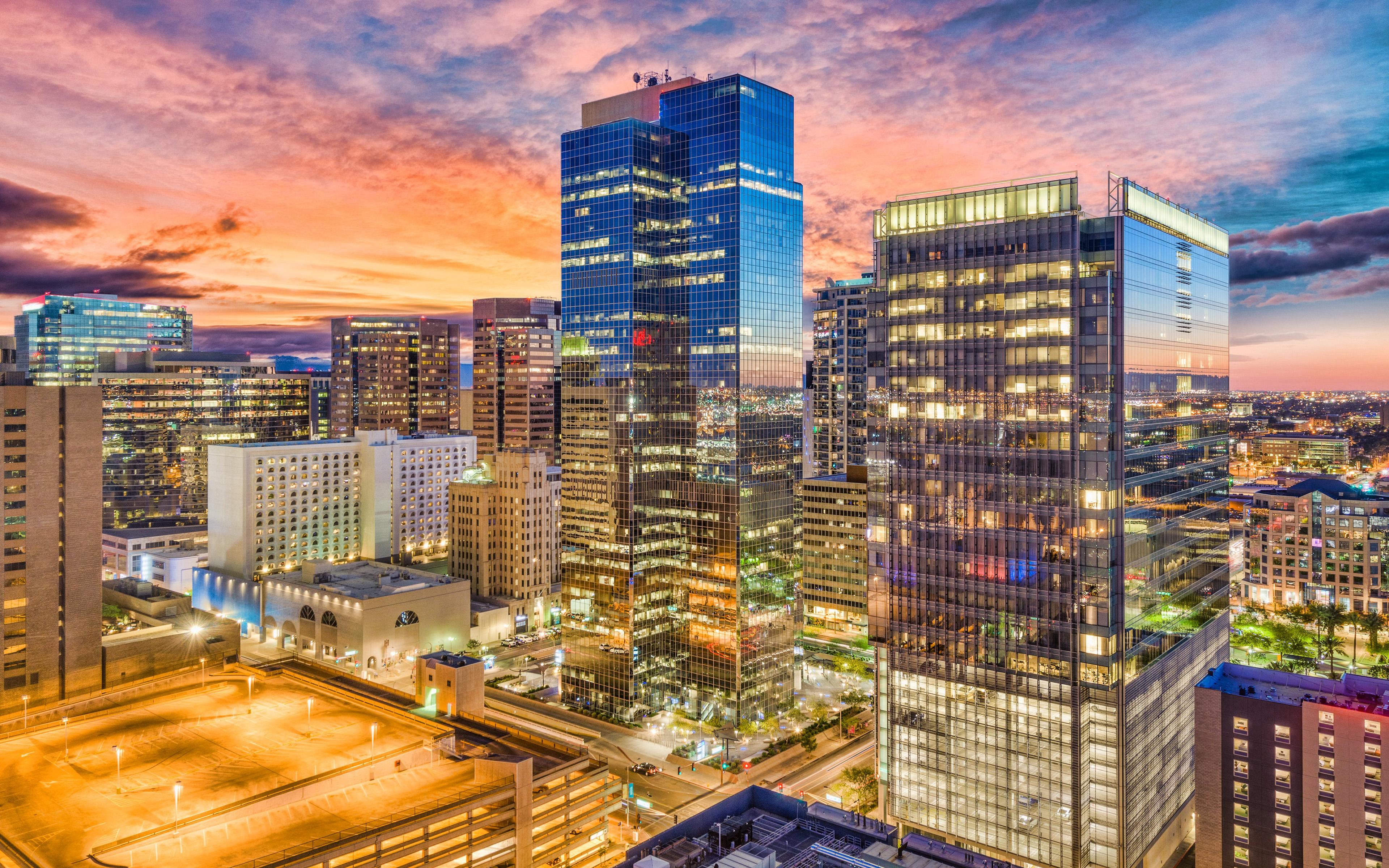 3840x2400 Download wallpaper Phoenix, 4k, modern buildings, sunset, Arizona, USA, american cities, America, City of Phoenix, Cities of Arizona, HDR for desktop with resolution 3840x2400. High Quality HD picture wallpaper