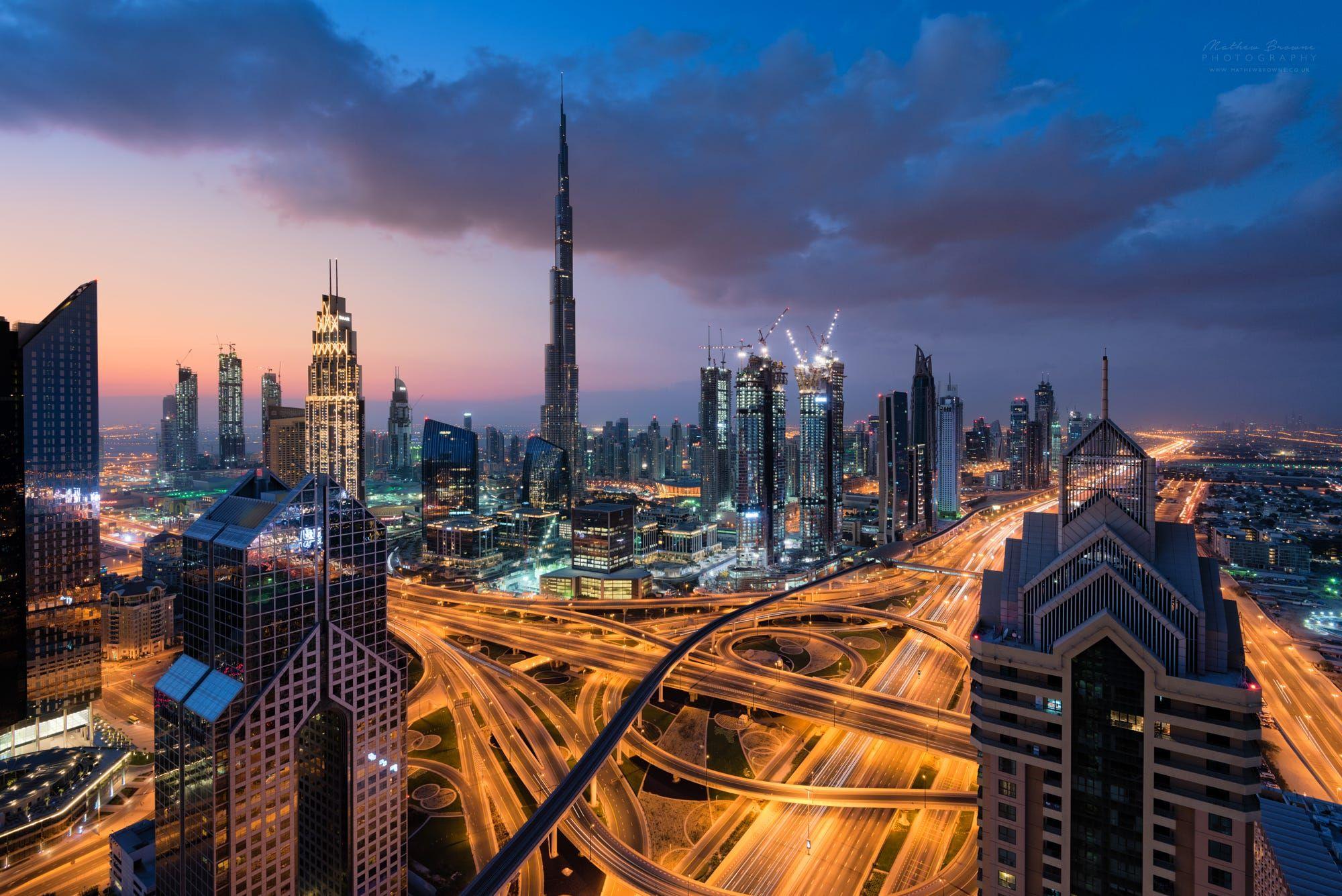 2000x1335 Downtown Dubai Skyline at Sunrise by Mathew Browne on 500px. Skyline, Dubai, Sunrise