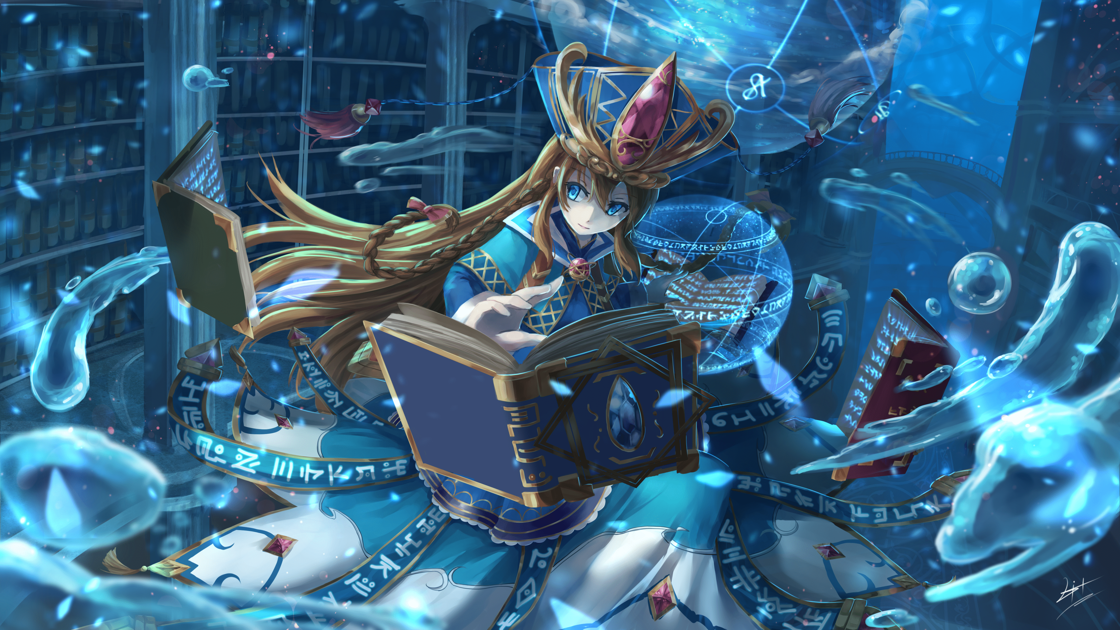 3840x2160 Download 3840x2160 Brave Frontier, Magic, Library, Water Drops, Dress, Anime Style Games Wallpaper for UHD TV