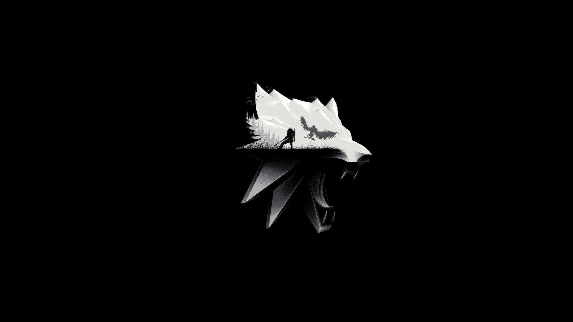 1920x1080 #minimalism, #dark, #monochrome, #simple background, #video games, #fangs, #The Witcher, #animals, #mountains, #The Witcher 3: Wild Hunt, wallpaper. Mocah HD Wallpaper