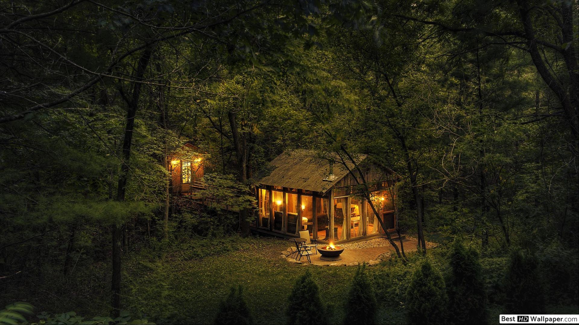 1920x1080 Cabin in the Woods at Night HD wallpaper download