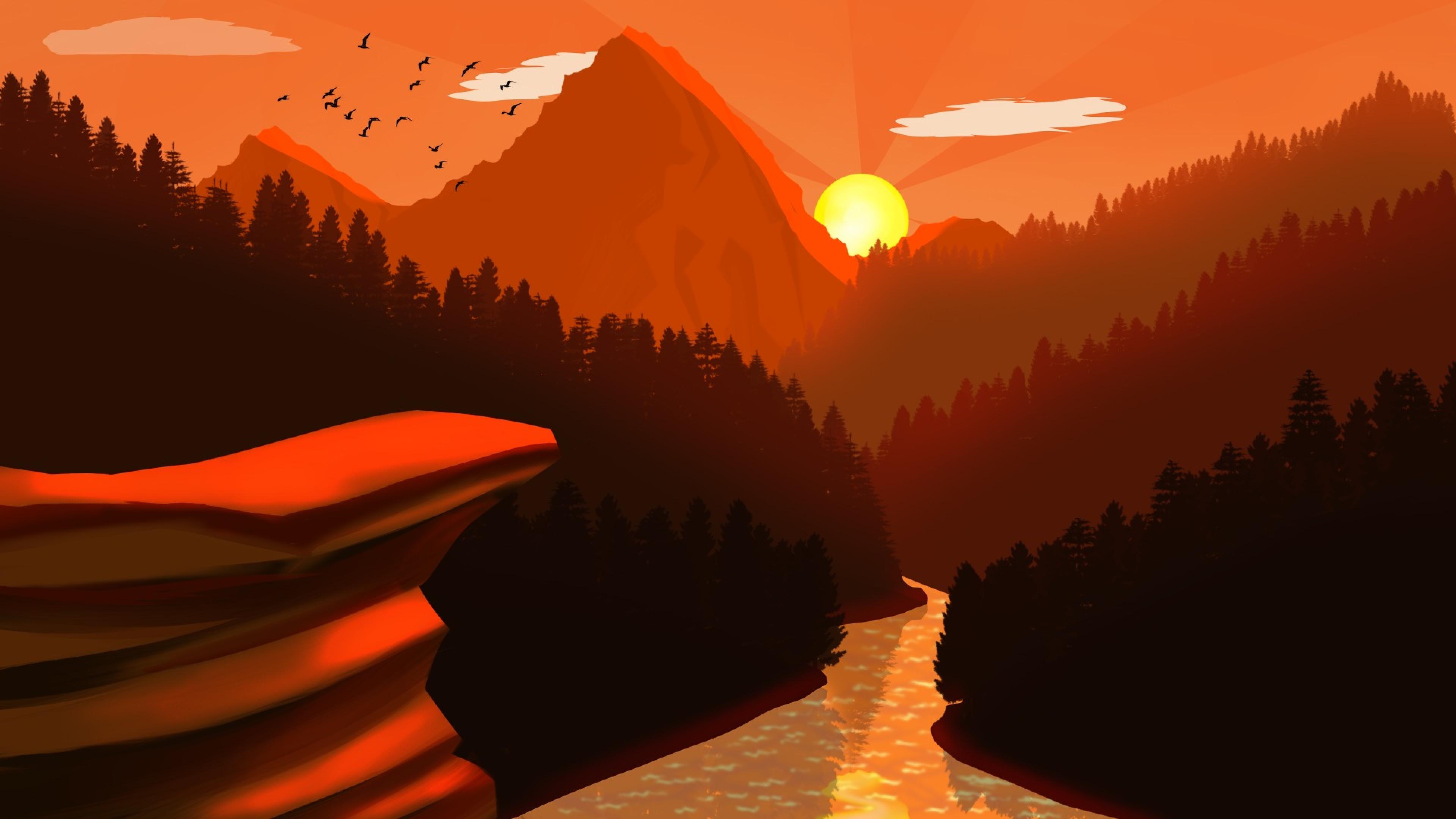 3840x2160 Nature Sunset Near Mountain River Artwork 4K Wallpaper, HD Artist 4K Wallpaper, Image, Photo and Background