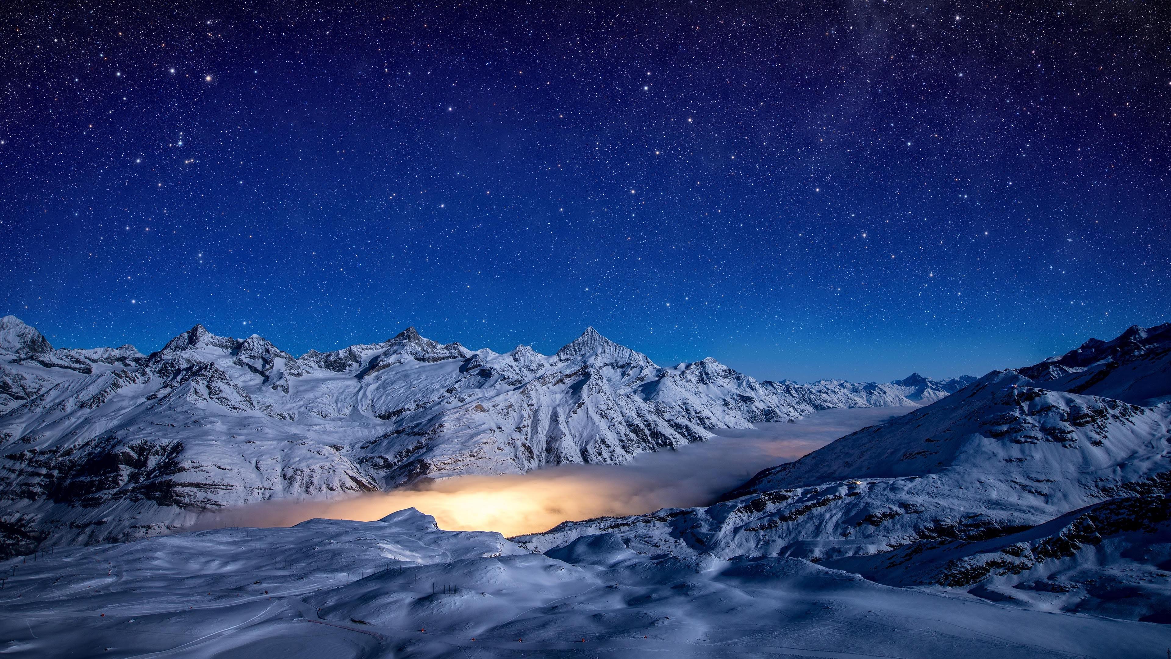 3840x2160 Starry Night Snow Covered Mountains 4k, HD Nature, 4k Wallpaper, Image, Background, Photo and Picture