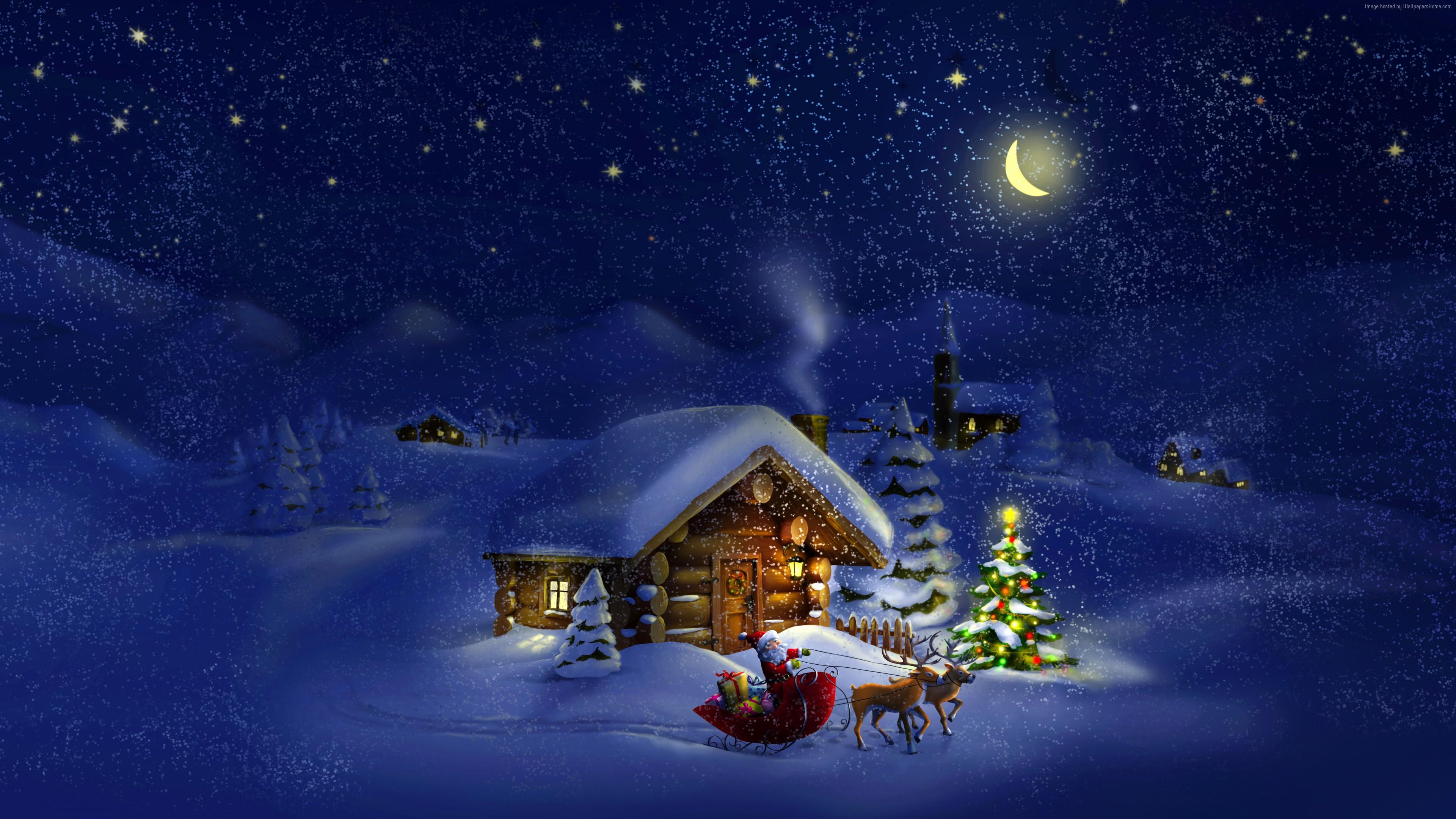3840x2160 Wallpaper Christmas, New Year, Santa, deer, moon, night, winter, house, snow, 4k, Holidays Wallpaper Download Resolution 4K Wallpaper